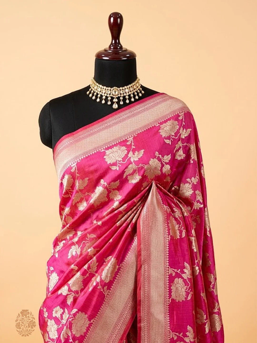 Hot Pink Pure Katan Silk Banarasi Saree with Gold Zari Floral Jaal & Classic Scalloped Border