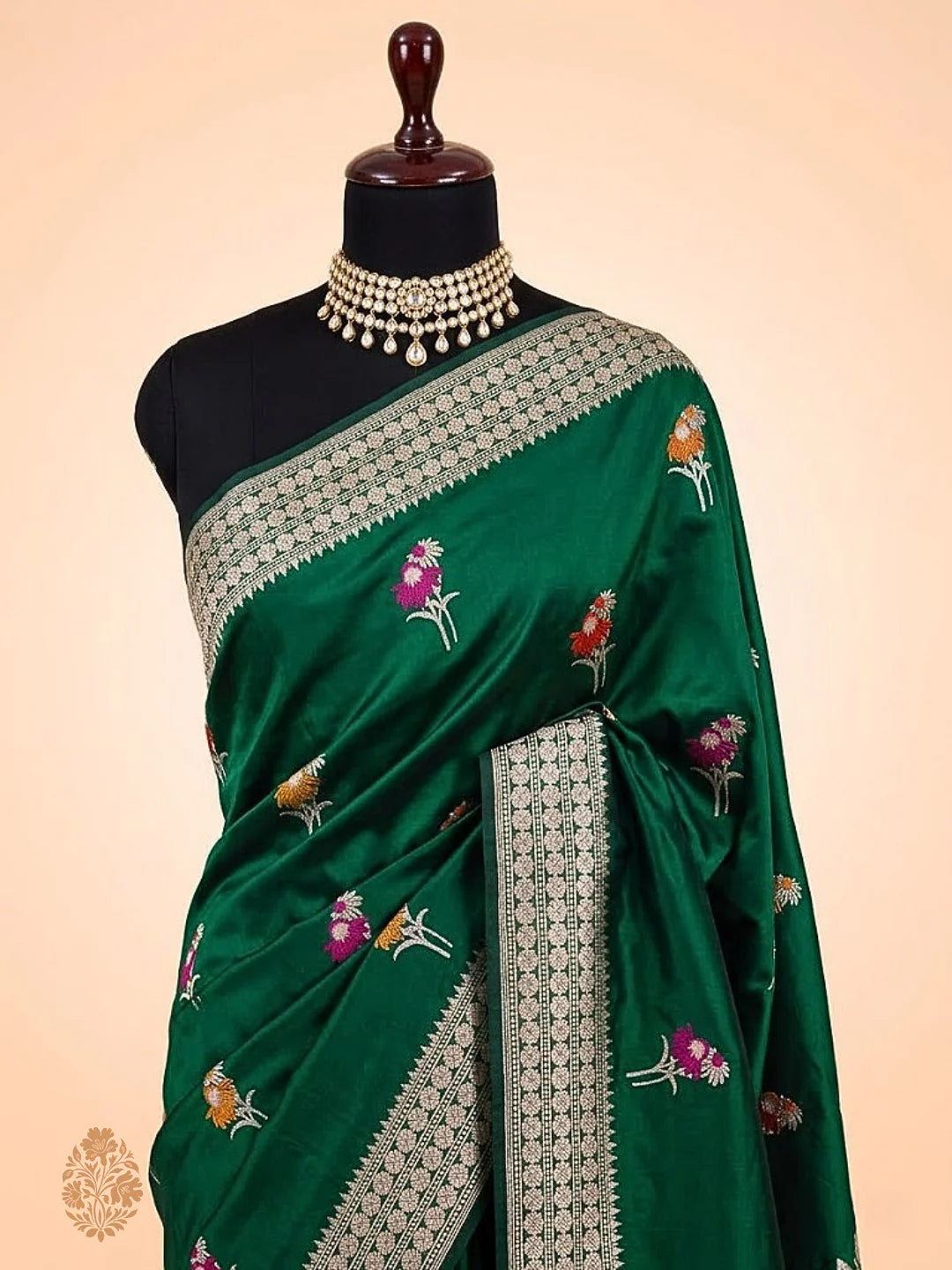 Pure Katan Silk Kadhwa Buta Banarasi Saree – Bottle Green | Sona Rupa Zari & Tilfi Minakari