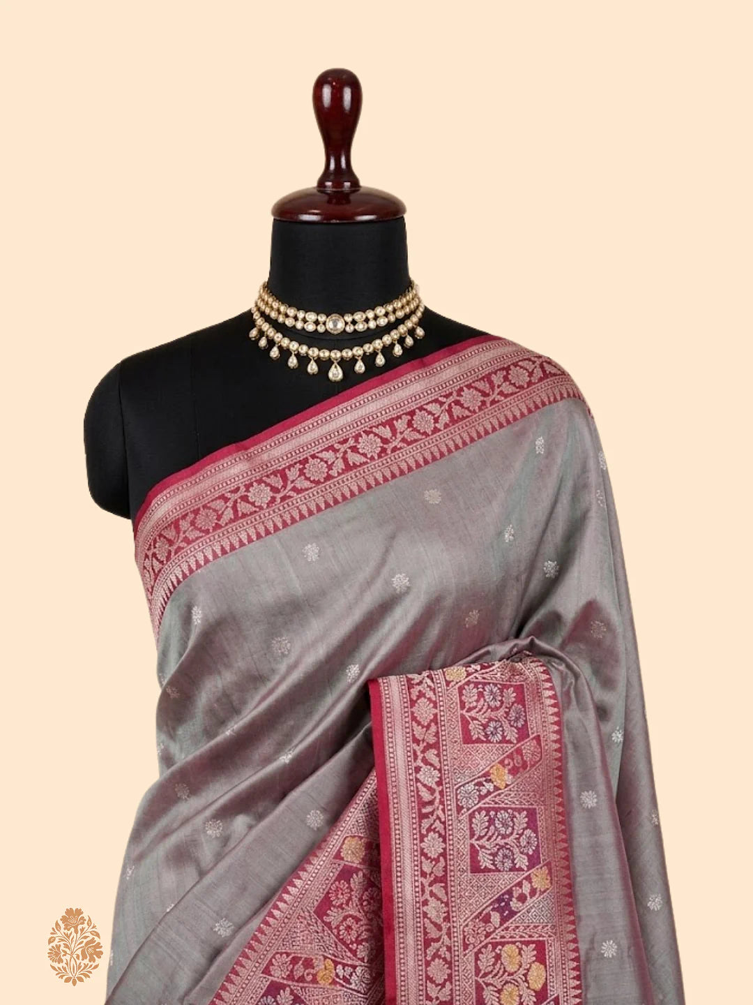 Steel Grey Pure Kora Silk Kadhwa Buta Handloom Banarasi Saree with Zari Border