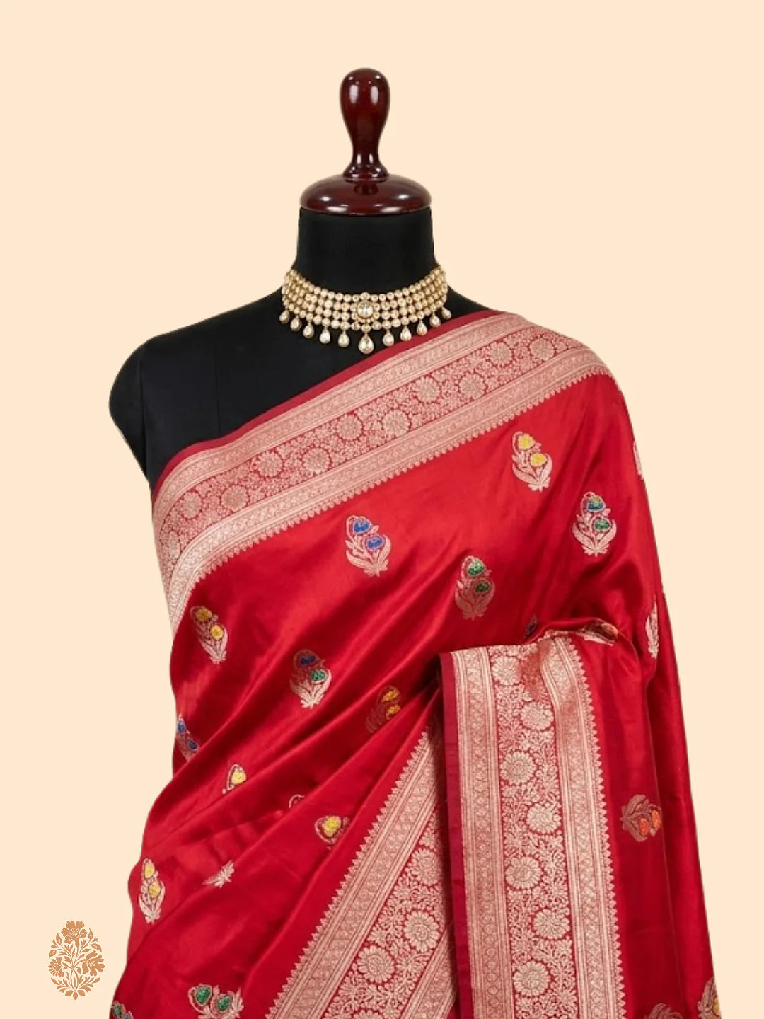 Pure Katan Silk Banarasi Handloom Kadhwa Buta Saree in Deep Red with Antique Gold Zari and Multicolor Meenakari