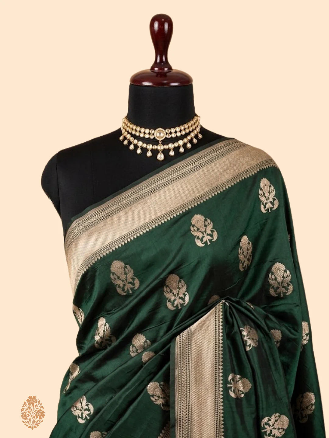 Bottle Green Pure Katan Silk Handloom Banarasi Saree – Small Buti Motifs & Zari Royal Weave