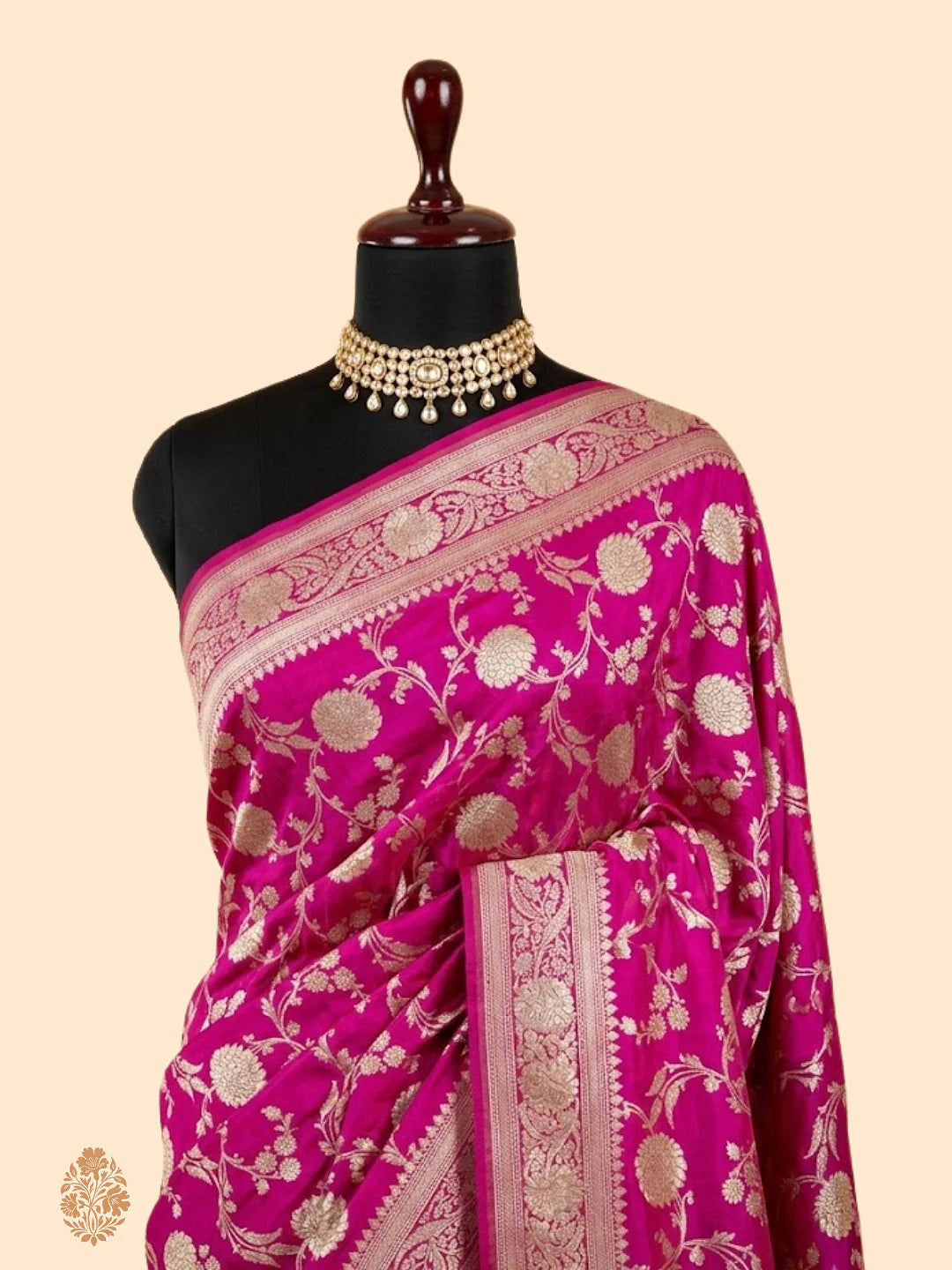 Rani Pink Pure Katan Silk Jaalwork Banarasi Saree with Real Gold and Silver Zari