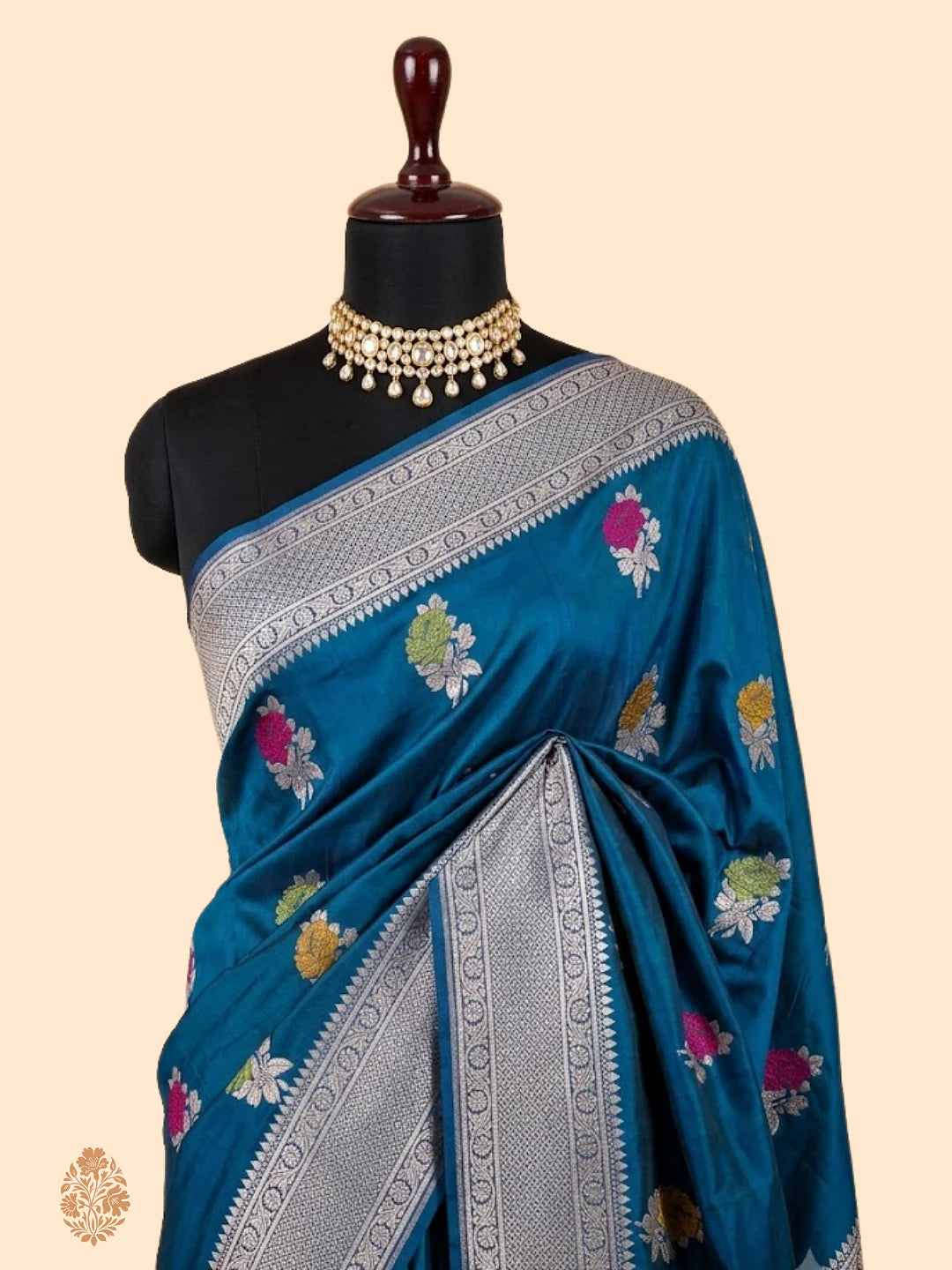 Peacock Garden Pure Katan Silk Banarasi Saree in Teal Blue