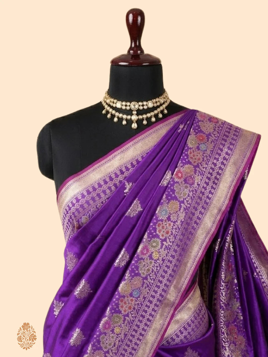 Royal Purple Pure Katan Silk Kadhwa Buta Handloom Banarasi Saree with Intricate Meenakari Floral Border