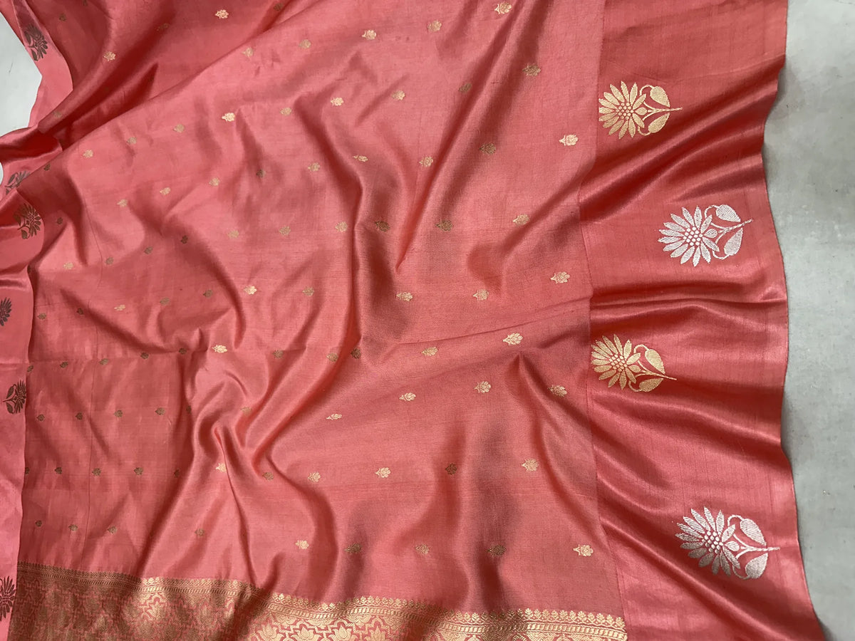 Pure Raw Mango Silk Banarasi Handloom Saree | Kadhwa Weave | Coral Pink Zari Booti