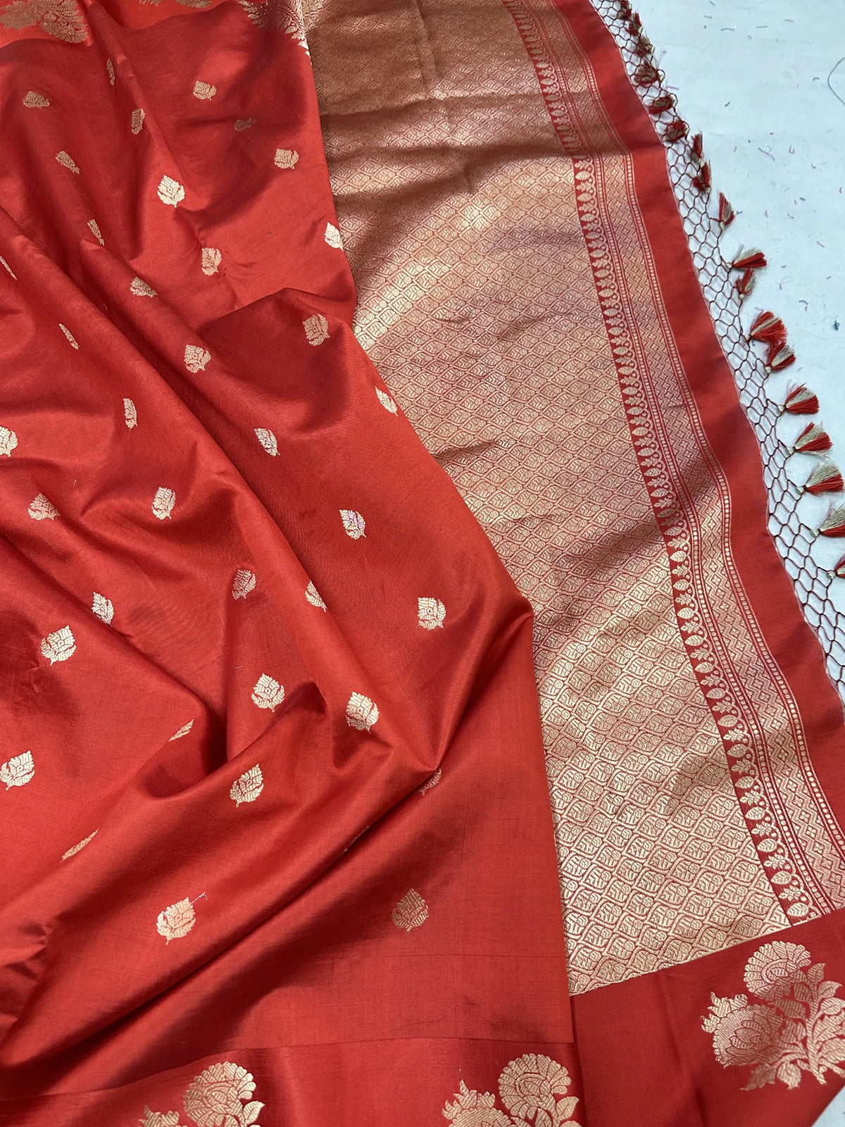 Pure Raw Mango Silk Banarasi Handloom Saree | Kadhwa Weave | Red Gold Zari Floral Booti