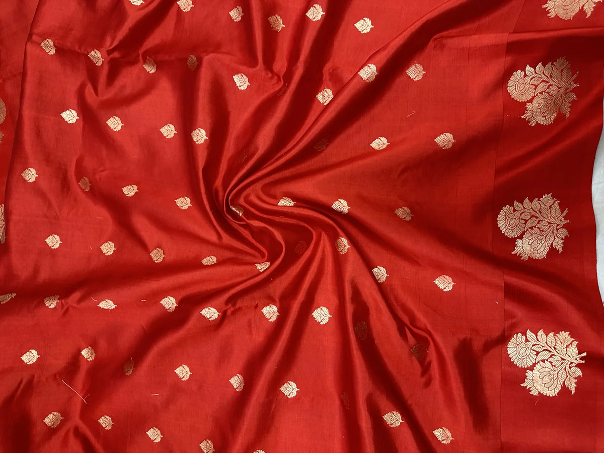 Pure Raw Mango Silk Banarasi Handloom Saree | Kadhwa Weave | Red Gold Zari Floral Booti