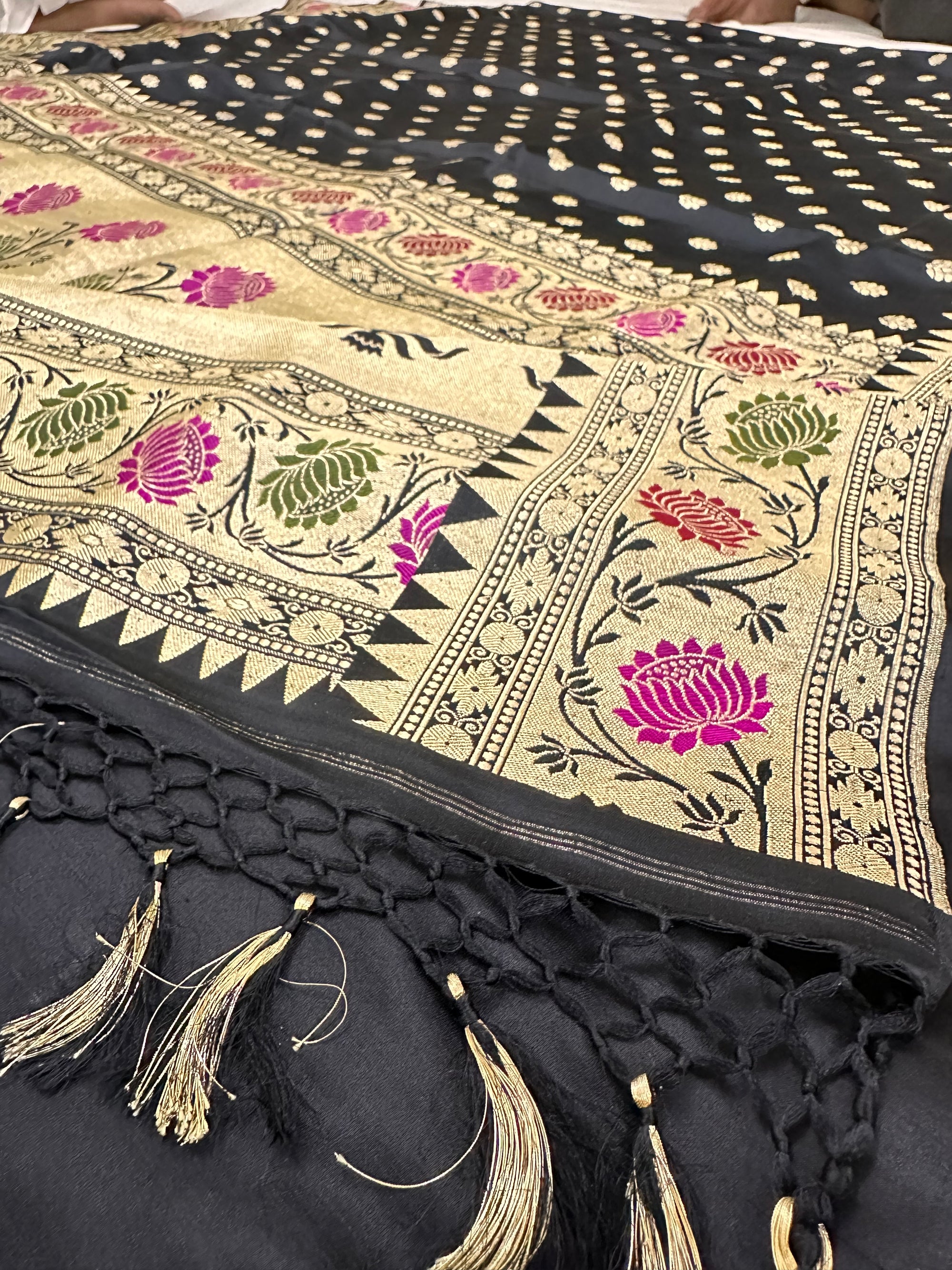 Beautiful drape of Pure Satin Silk Kadhwa saree for luxury occasions


