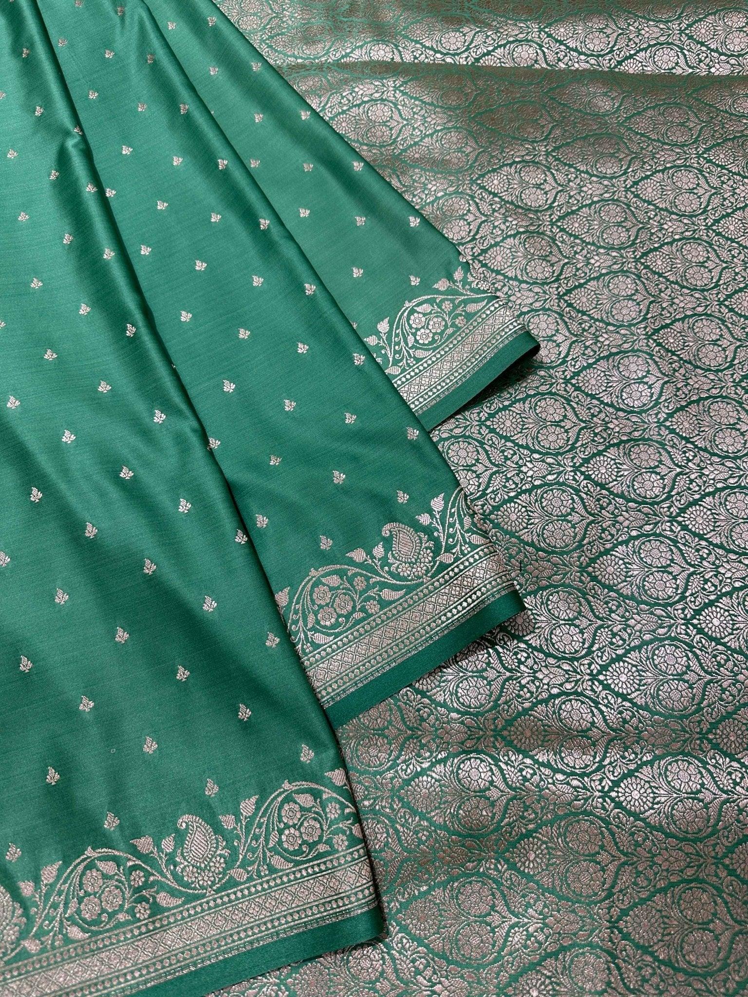 Sea Green Mashru Silk Banarasi Zari Border Brocad Aanchal Booti Saree - Katan Banaras
