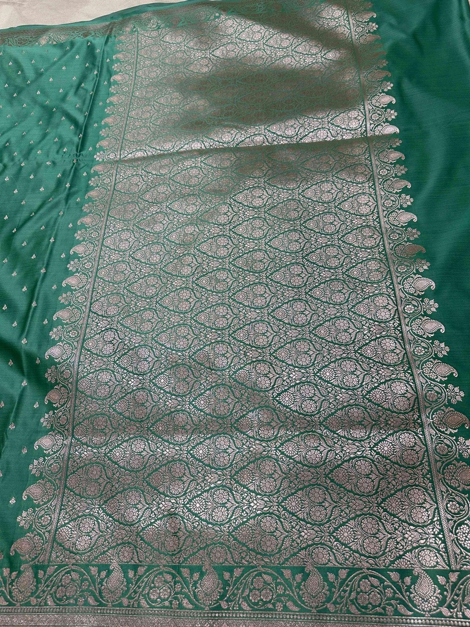 Sea Green Mashru Silk Banarasi Zari Border Brocad Aanchal Booti Saree - Katan Banaras