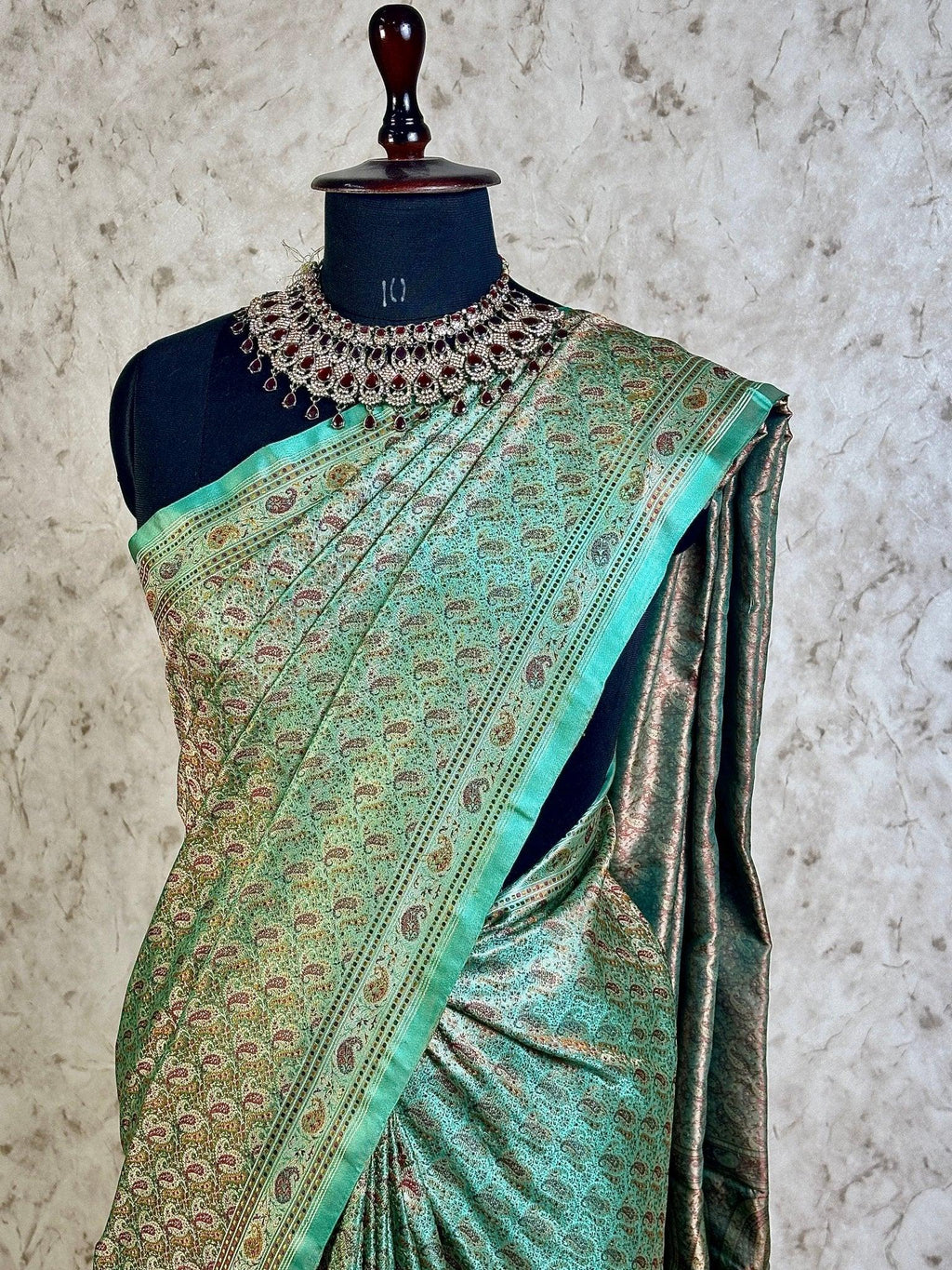 Sea Green Pure Banarasi Handloom Jamawar Tanchui Kadhwa Interlocked Weaved Saree - Katan Banaras