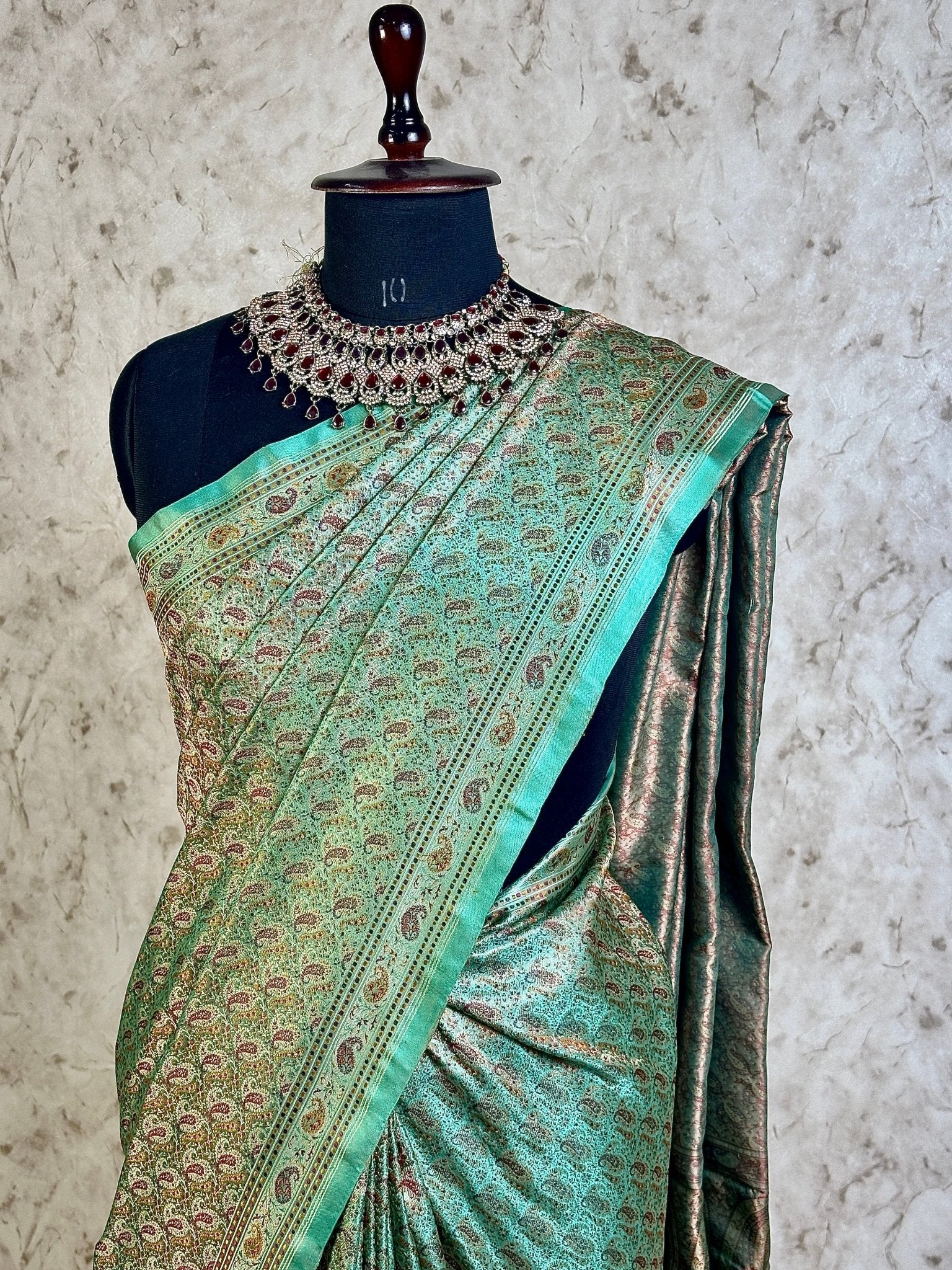 Sea Green Pure Banarasi Handloom Jamawar Tanchui Kadhwa Interlocked Weaved Saree - Katan Banaras