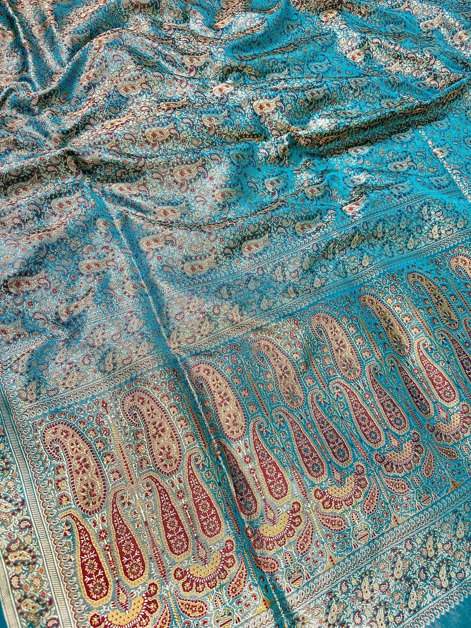 Sea Green Pure Banarasi Handloom Jamawar Tanchui Kadhwa Interlocked Weaved Saree - Katan Banaras