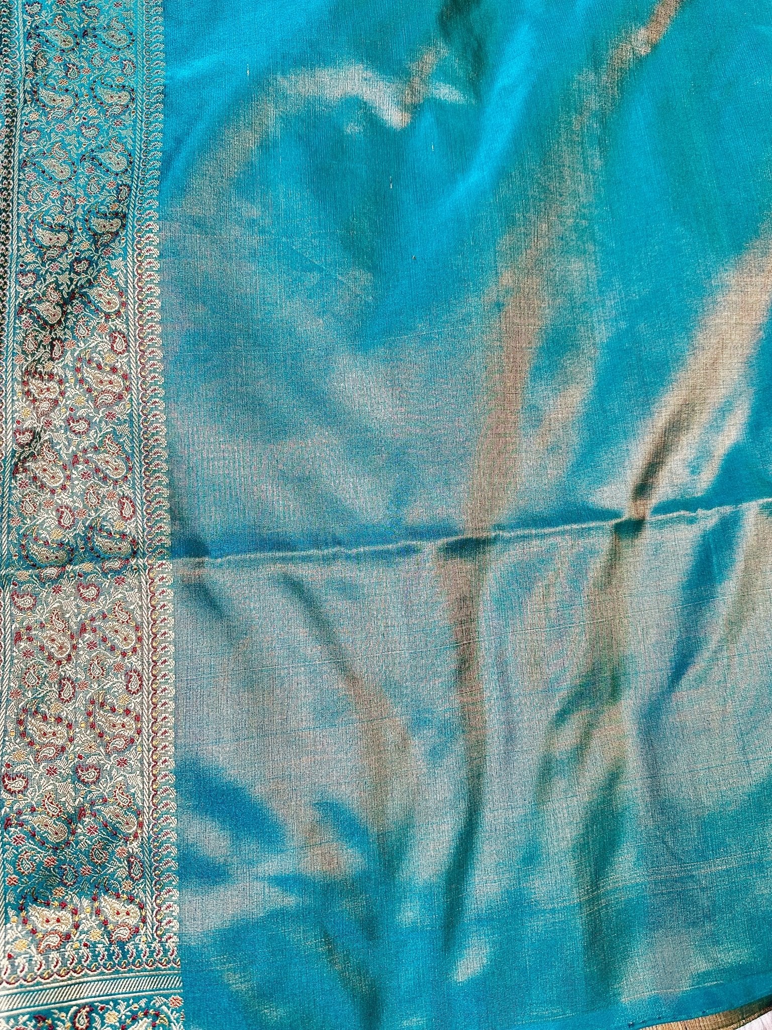 Sea Green Pure Banarasi Handloom Jamawar Tanchui Kadhwa Interlocked Weaved Saree - Katan Banaras