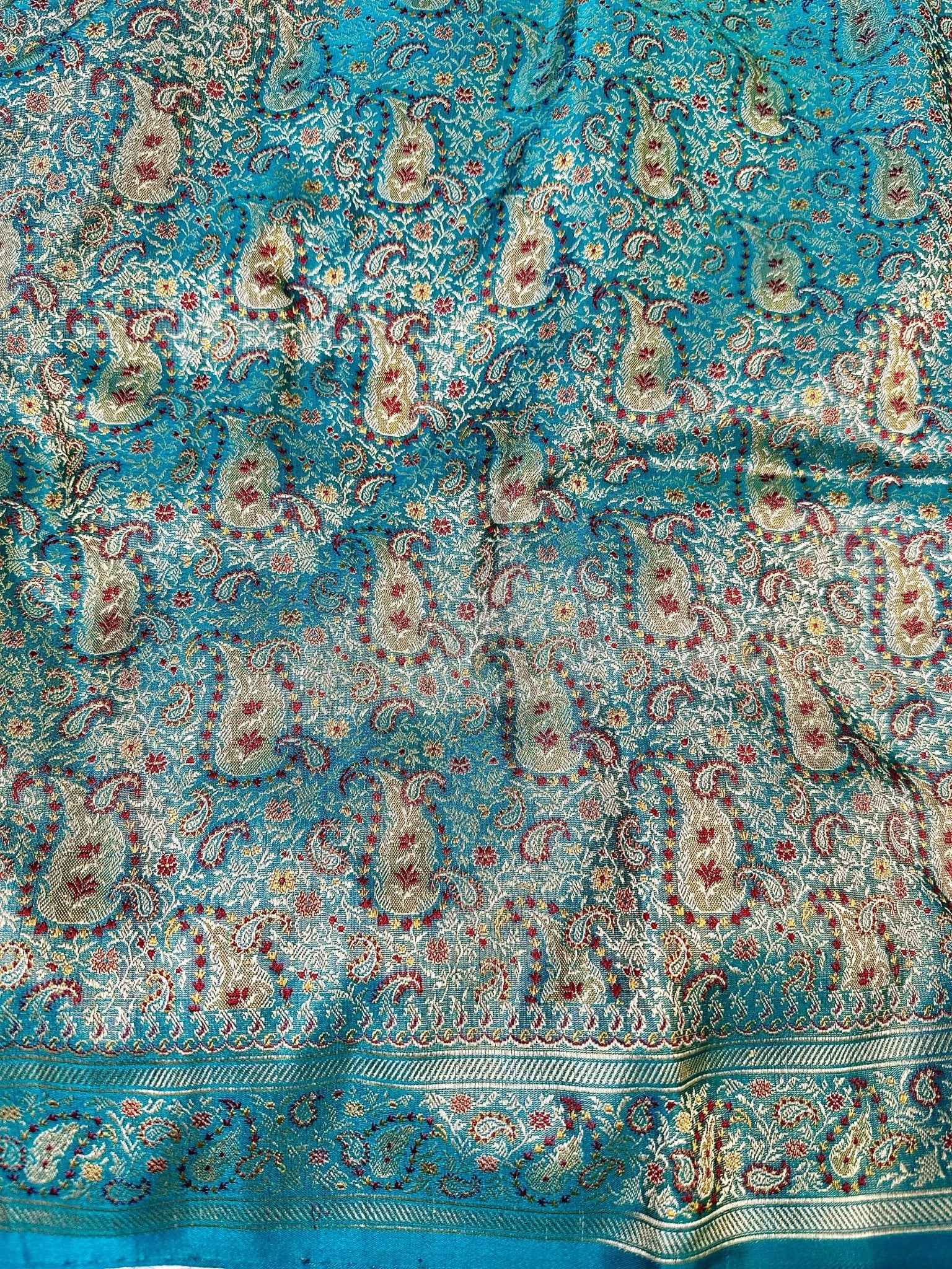 Sea Green Pure Banarasi Handloom Jamawar Tanchui Kadhwa Interlocked Weaved Saree - Katan Banaras