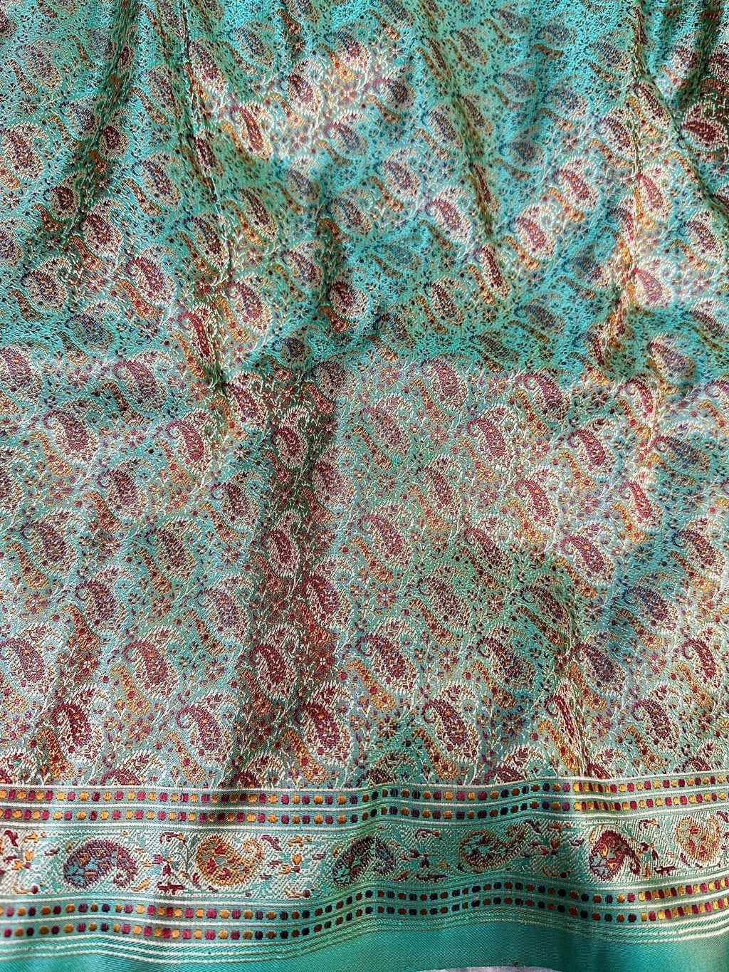 Sea Green Pure Banarasi Handloom Jamawar Tanchui Kadhwa Interlocked Weaved Saree - Katan Banaras