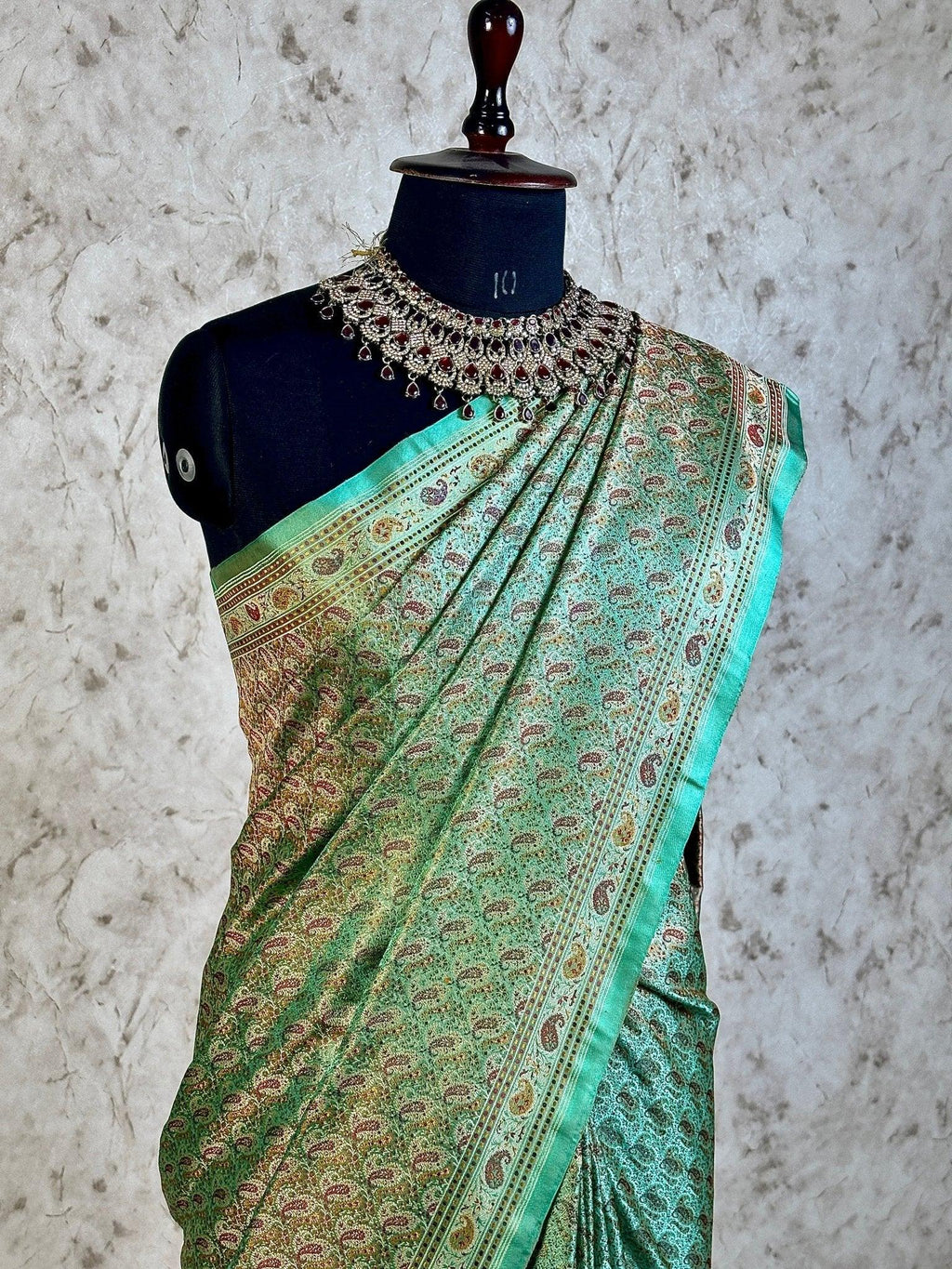 Sea Green Pure Banarasi Handloom Jamawar Tanchui Kadhwa Interlocked Weaved Saree - Katan Banaras