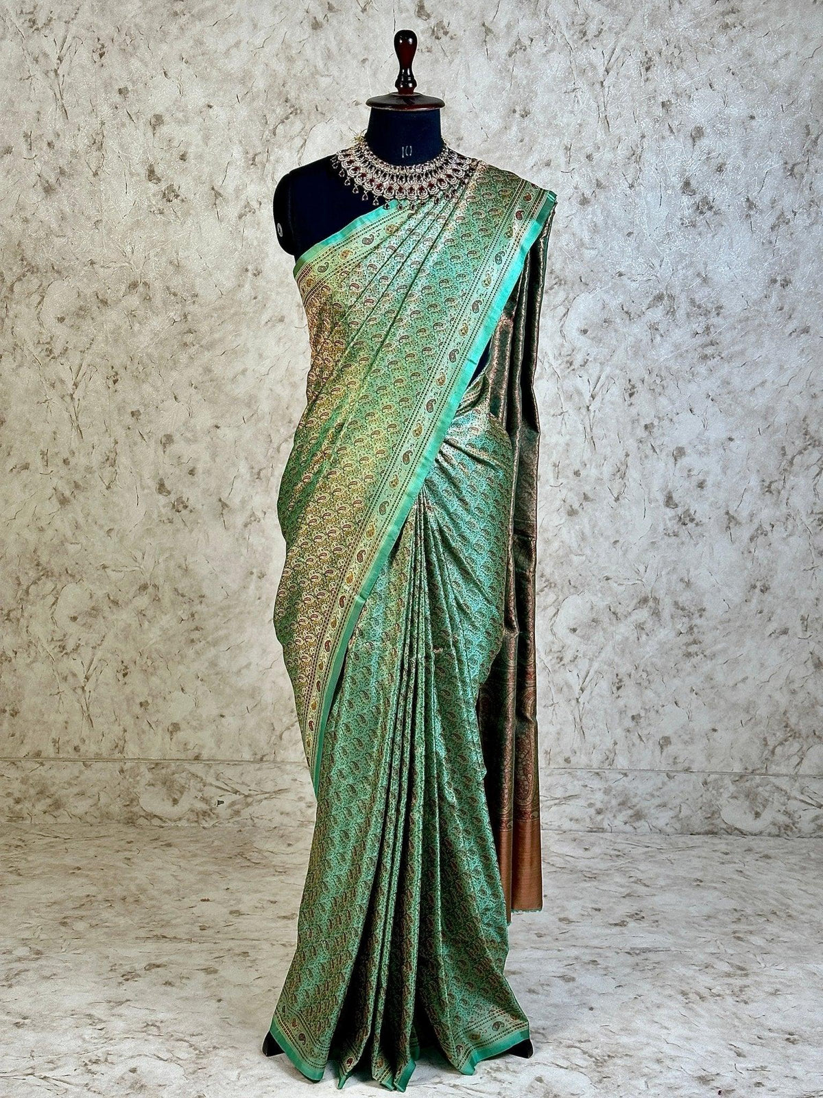 Sea Green Pure Banarasi Handloom Jamawar Tanchui Kadhwa Interlocked Weaved Saree - Katan Banaras
