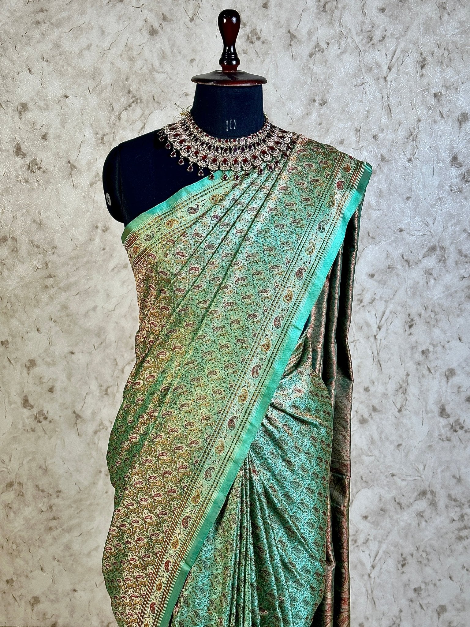 Sea Green Pure Banarasi Handloom Jamawar Tanchui Kadhwa Interlocked Weaved Saree - Katan Banaras