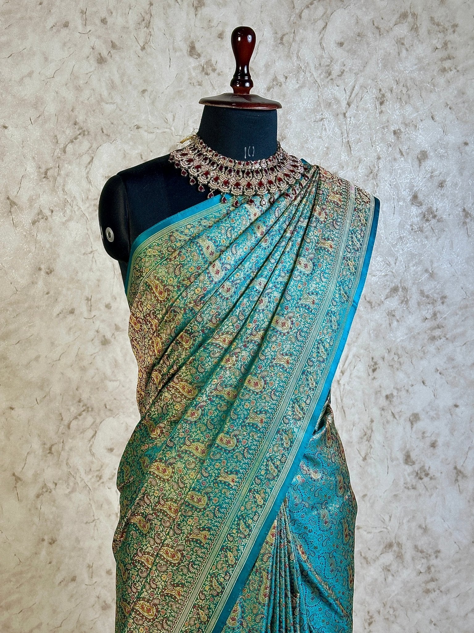 Sea Green Pure Banarasi Handloom Jamawar Tanchui Kadhwa Interlocked Weaved Saree - Katan Banaras