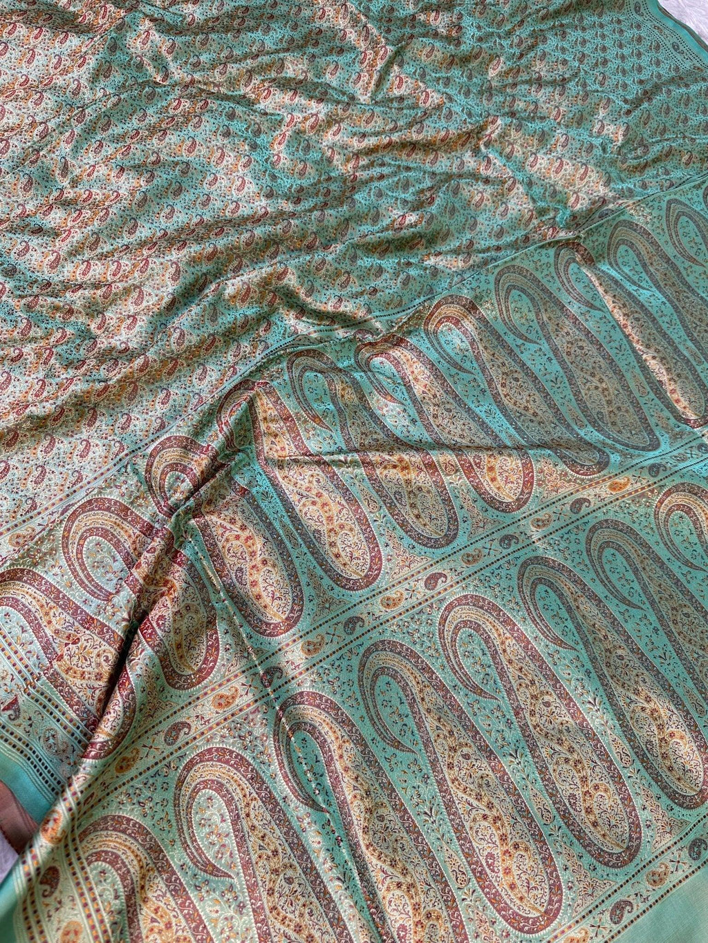 Sea Green Pure Banarasi Handloom Jamawar Tanchui Kadhwa Interlocked Weaved Saree - Katan Banaras