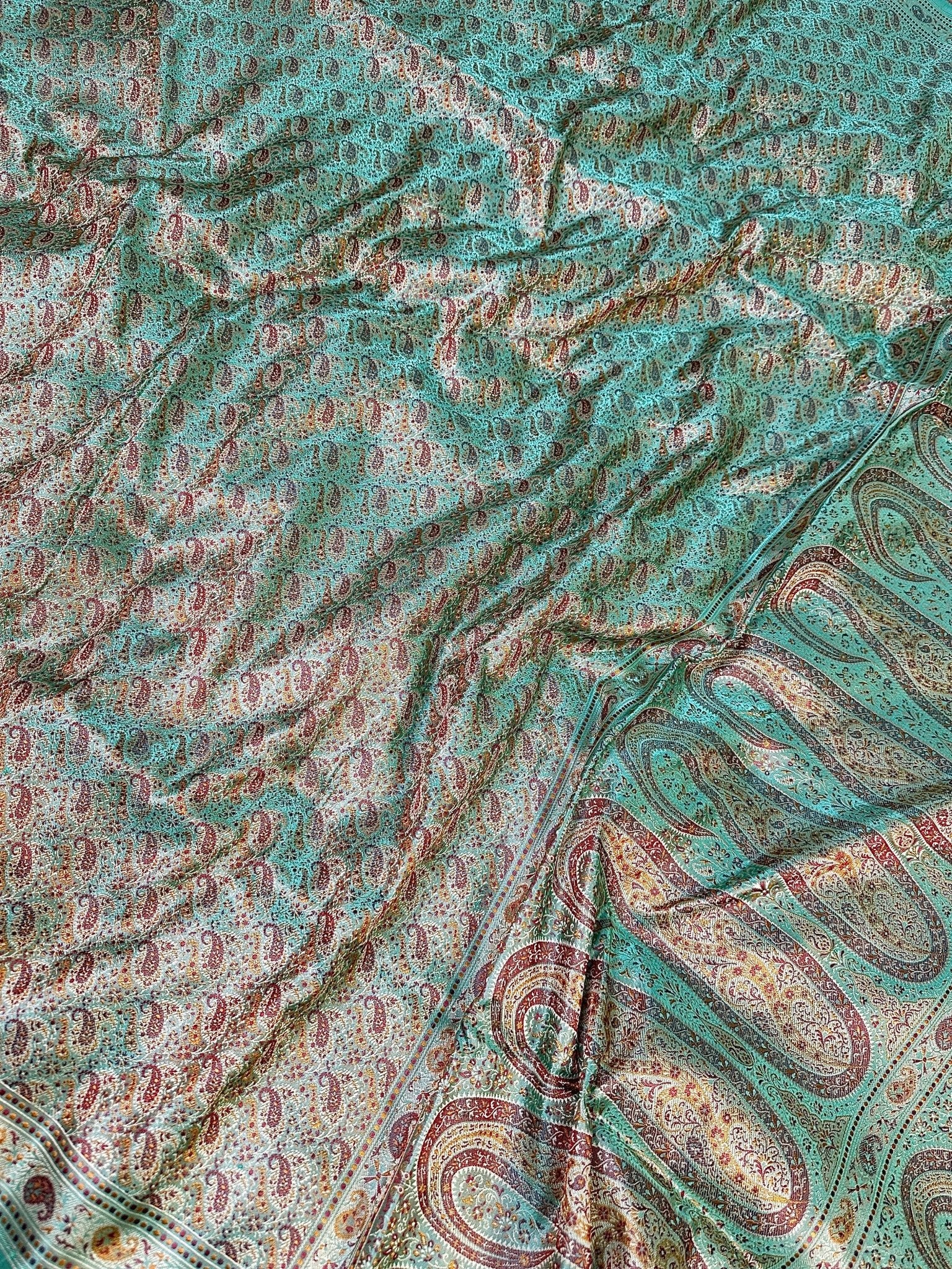 Sea Green Pure Banarasi Handloom Jamawar Tanchui Kadhwa Interlocked Weaved Saree - Katan Banaras