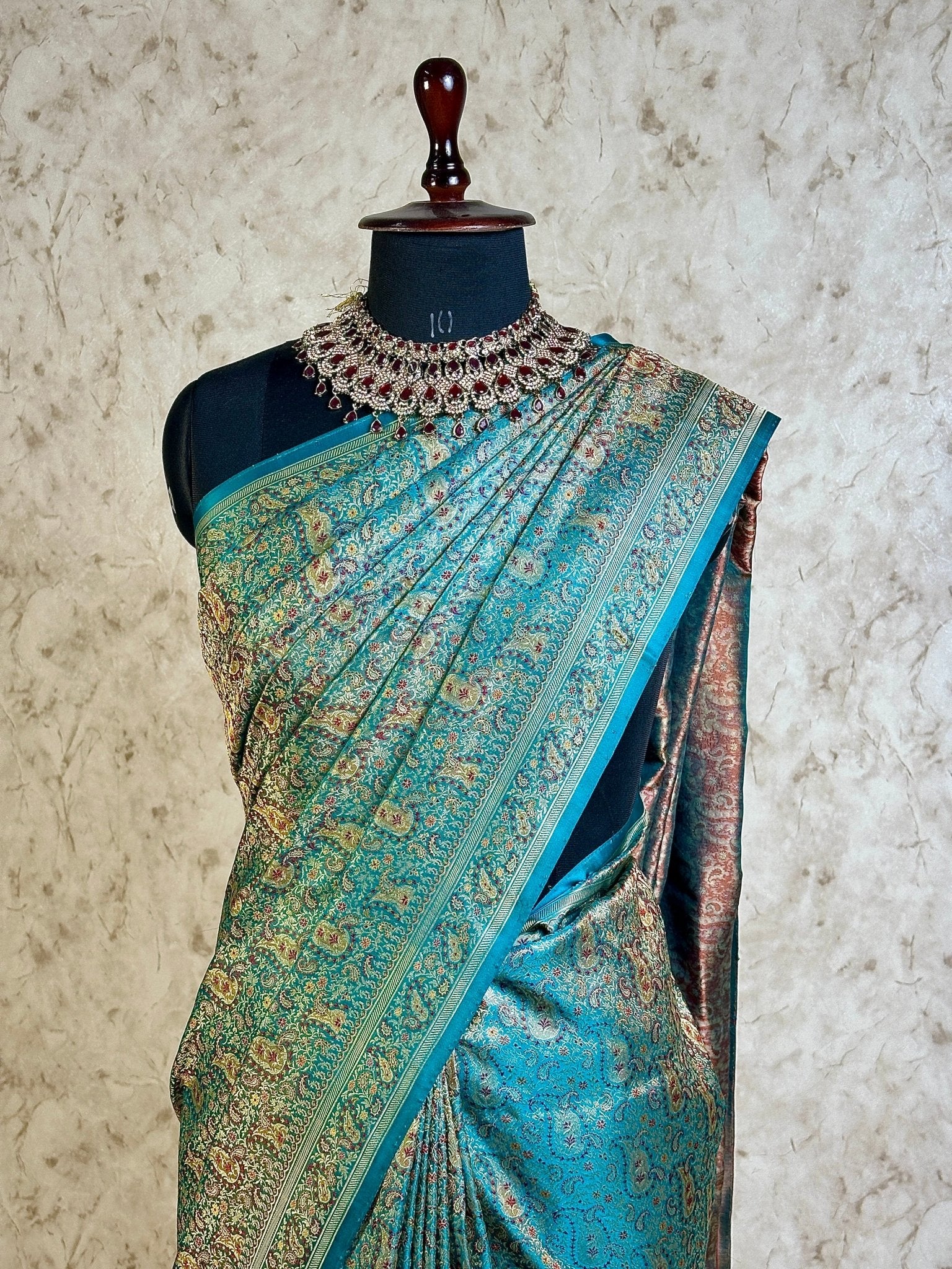 Sea Green Pure Banarasi Handloom Jamawar Tanchui Kadhwa Interlocked Weaved Saree - Katan Banaras