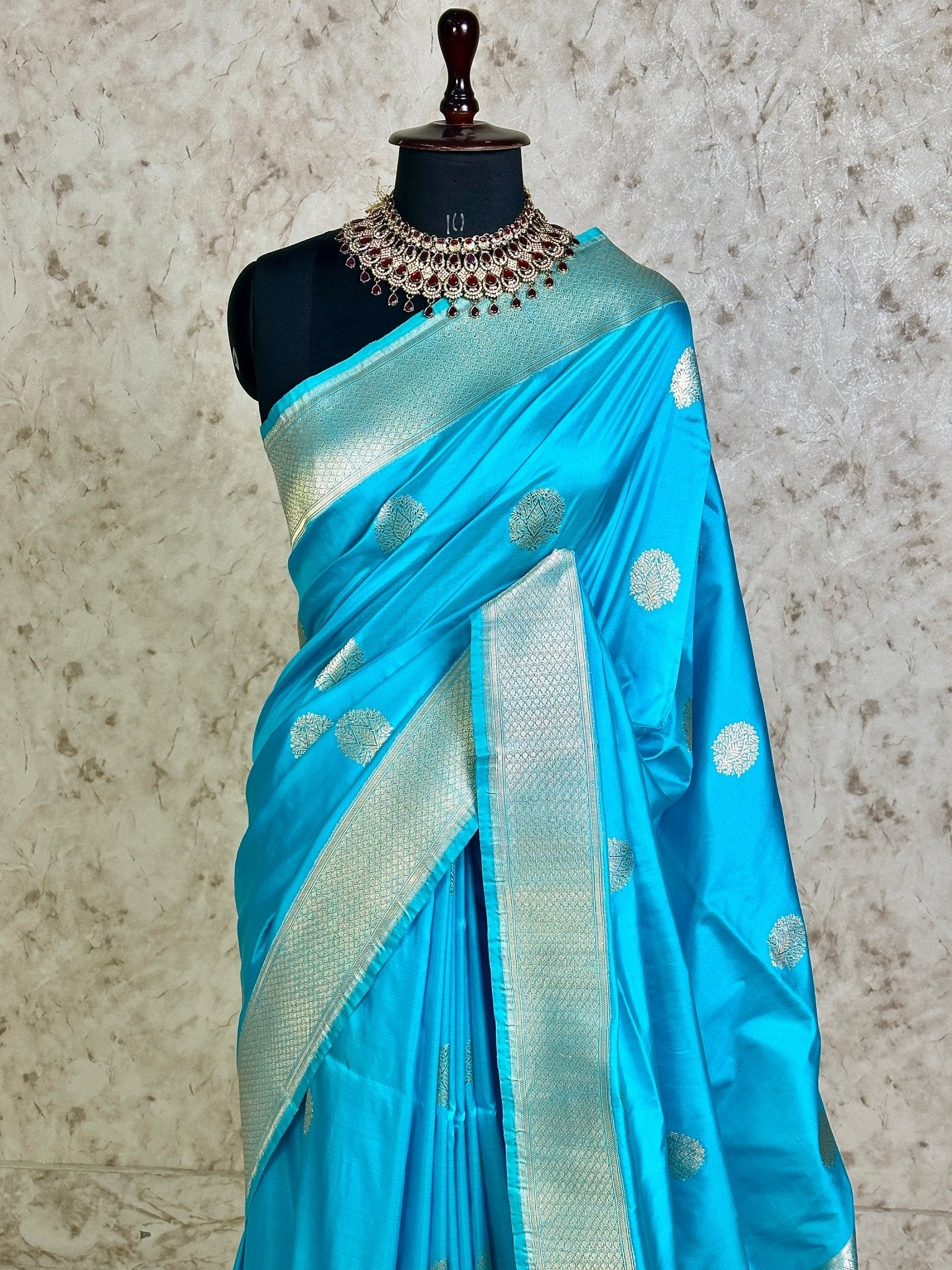 Sky Blue Pure Katan Silk Banarasi Kadhwa Buta Handloom Ektara Weaved Saree with Zari Border - Katan Banaras
