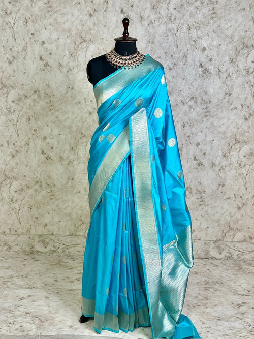 Sky Blue Pure Katan Silk Banarasi Kadhwa Buta Handloom Ektara Weaved Saree with Zari Border - Katan Banaras
