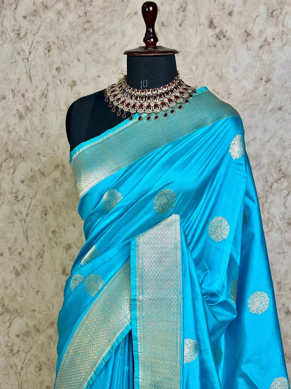 Sky Blue Pure Katan Silk Banarasi Kadhwa Buta Handloom Ektara Weaved Saree with Zari Border - Katan Banaras