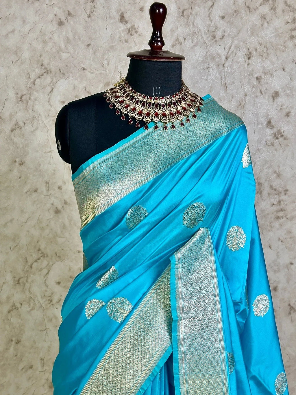 Sky Blue Pure Katan Silk Banarasi Kadhwa Buta Handloom Ektara Weaved Saree with Zari Border - Katan Banaras