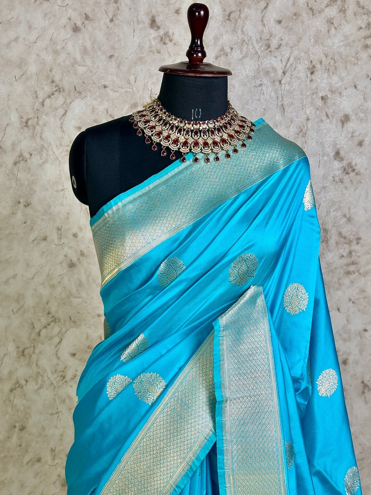 Sky Blue Pure Katan Silk Banarasi Kadhwa Buta Handloom Ektara Weaved Saree with Zari Border - Katan Banaras