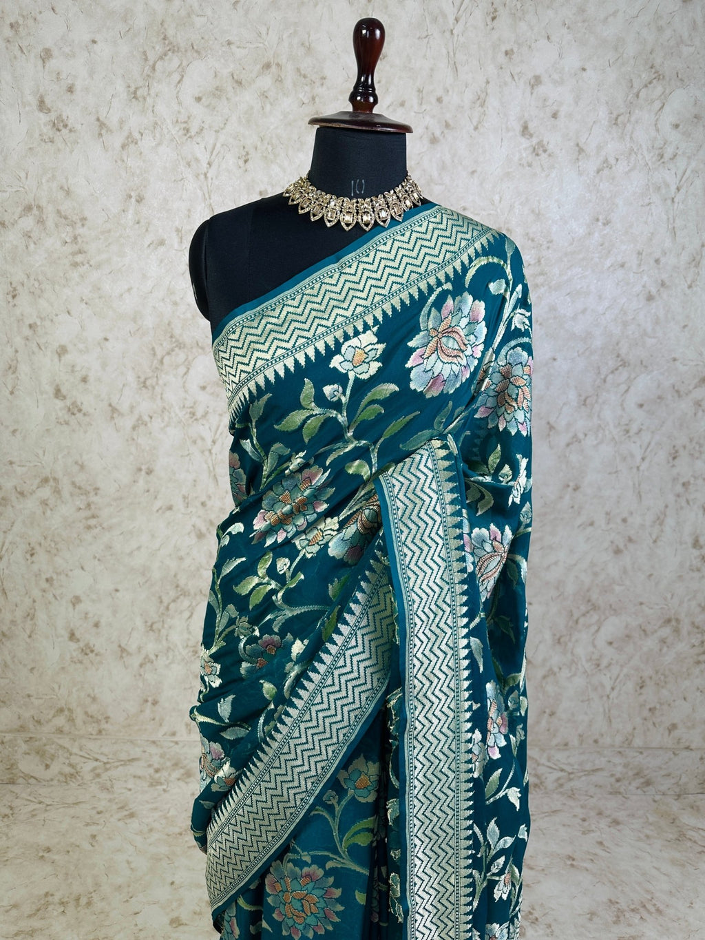 Teal Green Brush Dye Banarasi Khaddi Georgette Saree with Floral Pattern and Zigzag Border - Katan Banaras