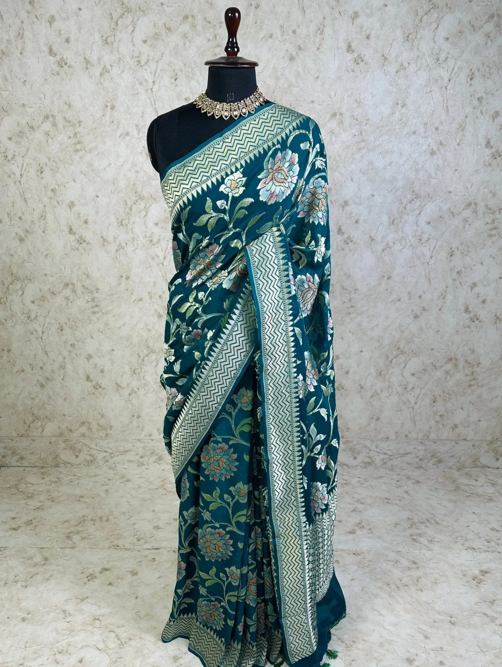 Teal Green Brush Dye Banarasi Khaddi Georgette Saree with Floral Pattern and Zigzag Border - Katan Banaras