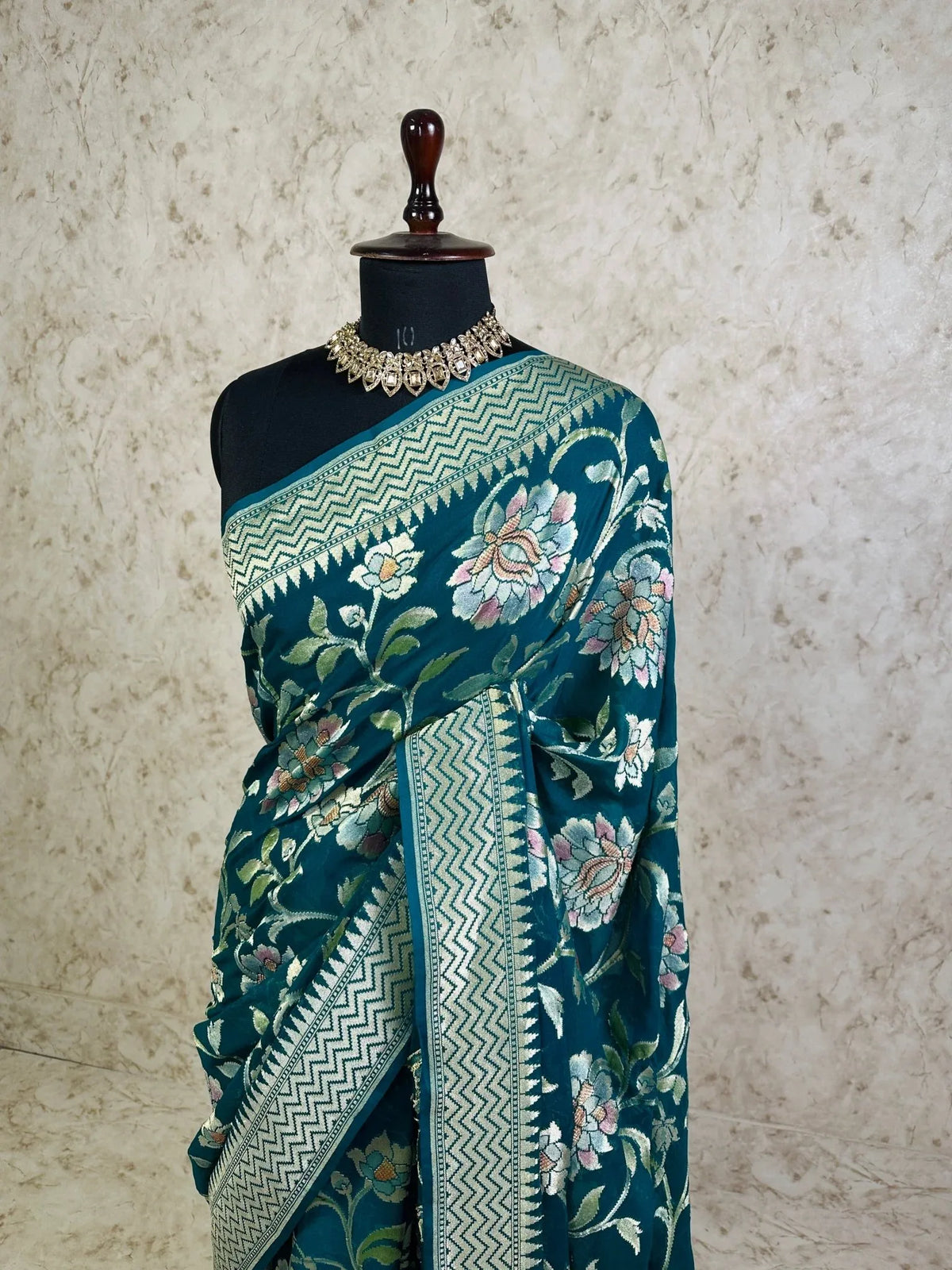 Teal Green Brush Dye Banarasi Khaddi Georgette Saree with Floral Pattern and Zigzag Border - Katan Banaras