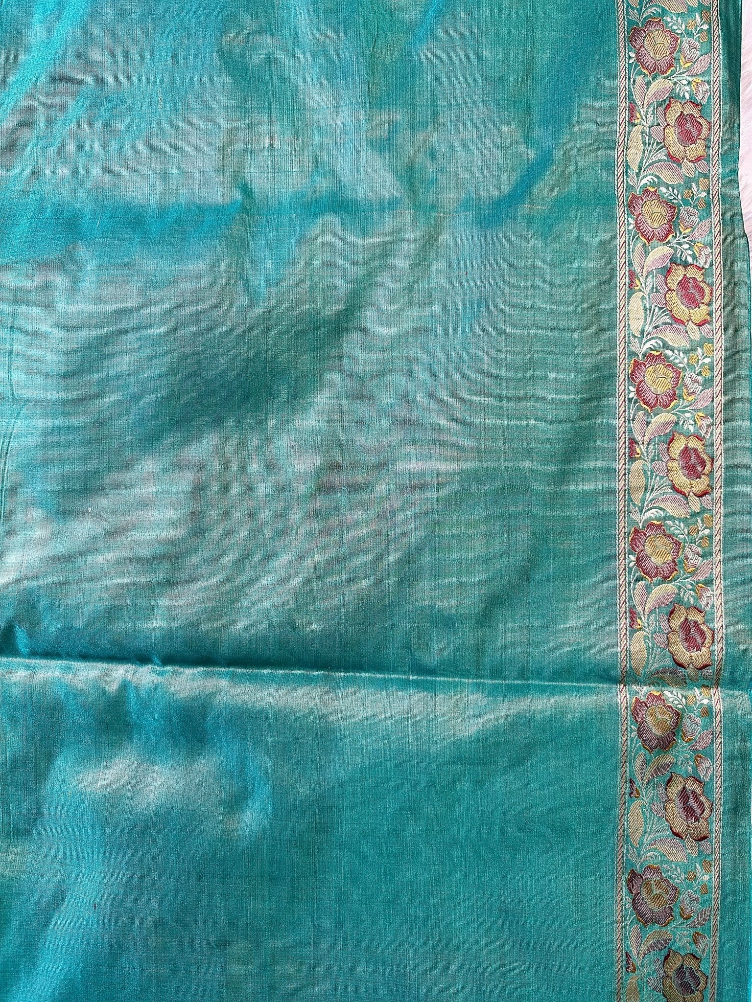 Teal Green Pure Banarasi Handloom Jamawar Tanchui Kadhwa Interlocked Weaved Saree - Katan Banaras