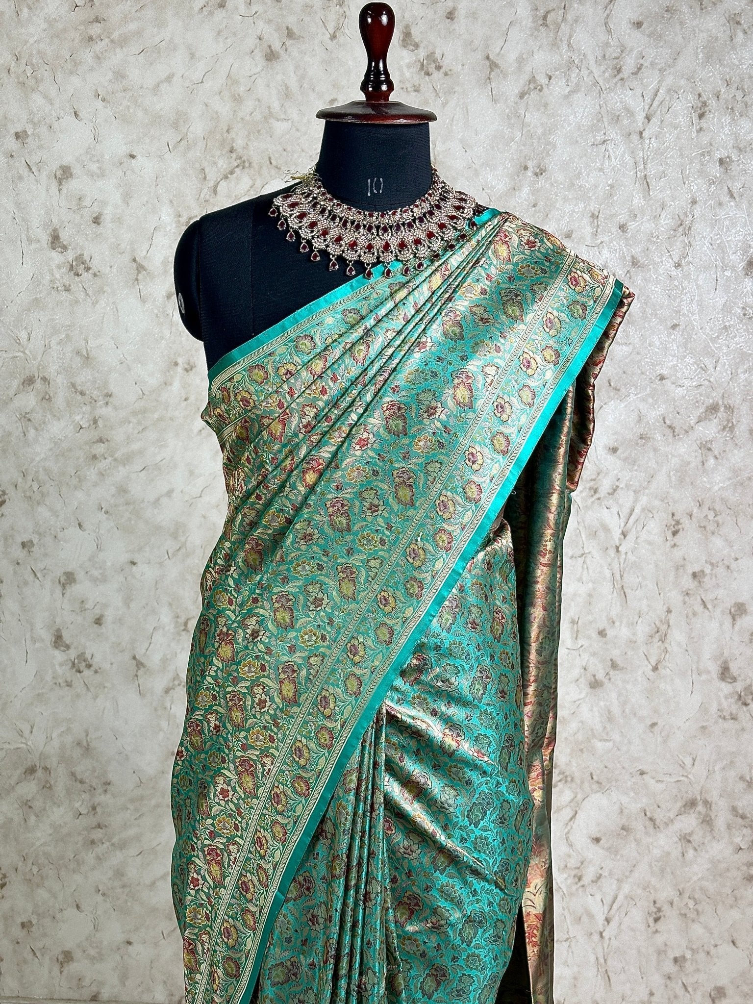 Teal Green Pure Banarasi Handloom Jamawar Tanchui Kadhwa Interlocked Weaved Saree - Katan Banaras