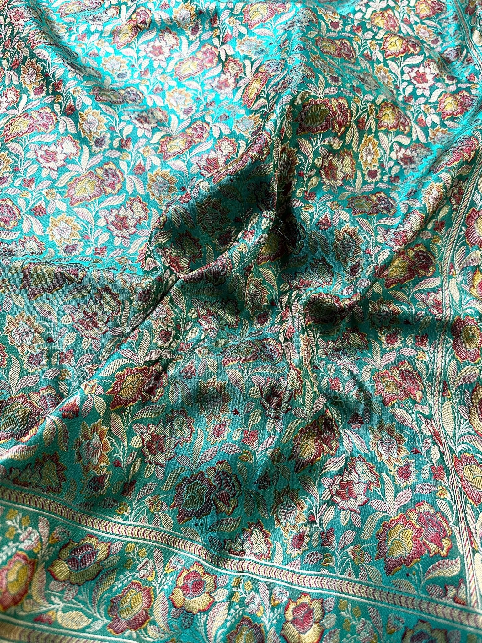 Teal Green Pure Banarasi Handloom Jamawar Tanchui Kadhwa Interlocked Weaved Saree - Katan Banaras