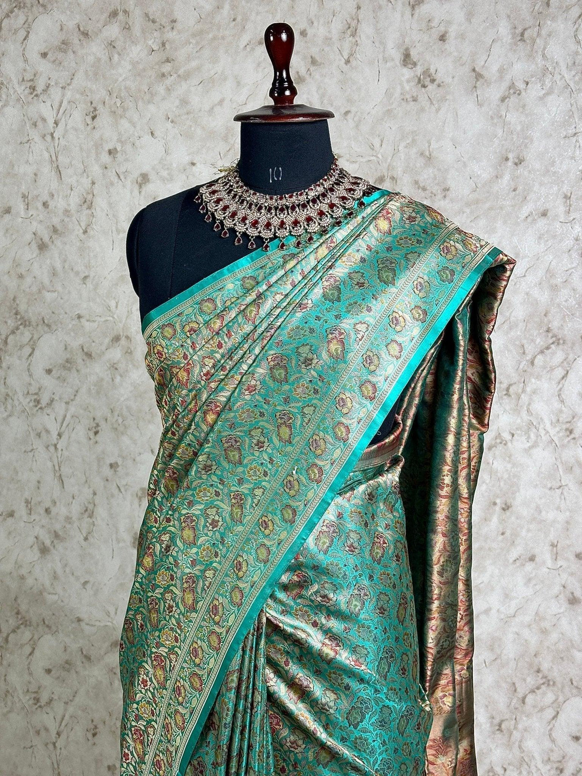 Teal Green Pure Banarasi Handloom Jamawar Tanchui Kadhwa Interlocked Weaved Saree - Katan Banaras