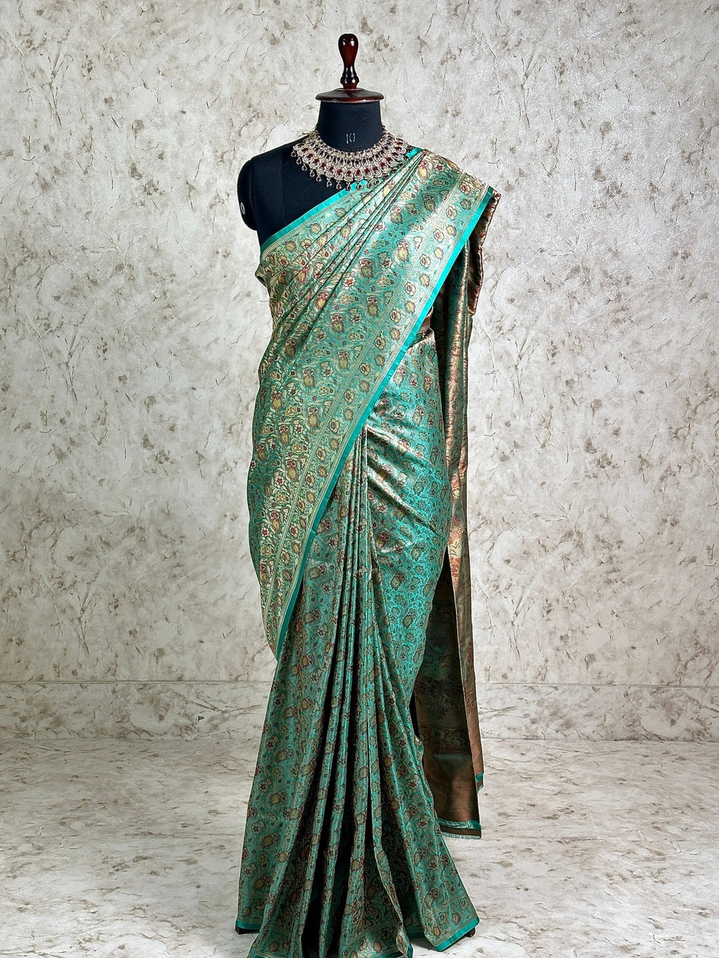 Teal Green Pure Banarasi Handloom Jamawar Tanchui Kadhwa Interlocked Weaved Saree - Katan Banaras