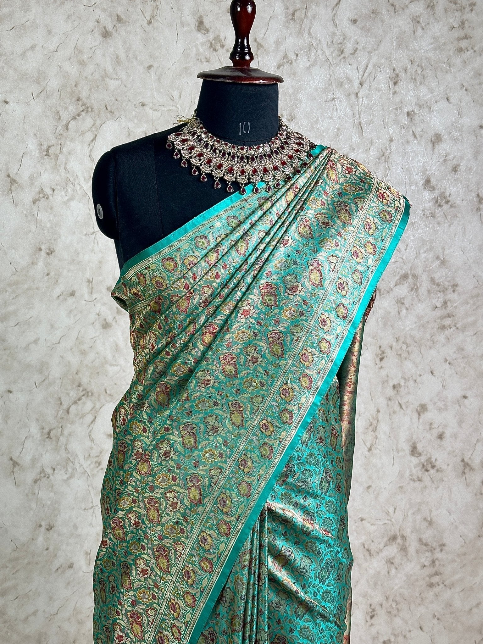 Teal Green Pure Banarasi Handloom Jamawar Tanchui Kadhwa Interlocked Weaved Saree - Katan Banaras