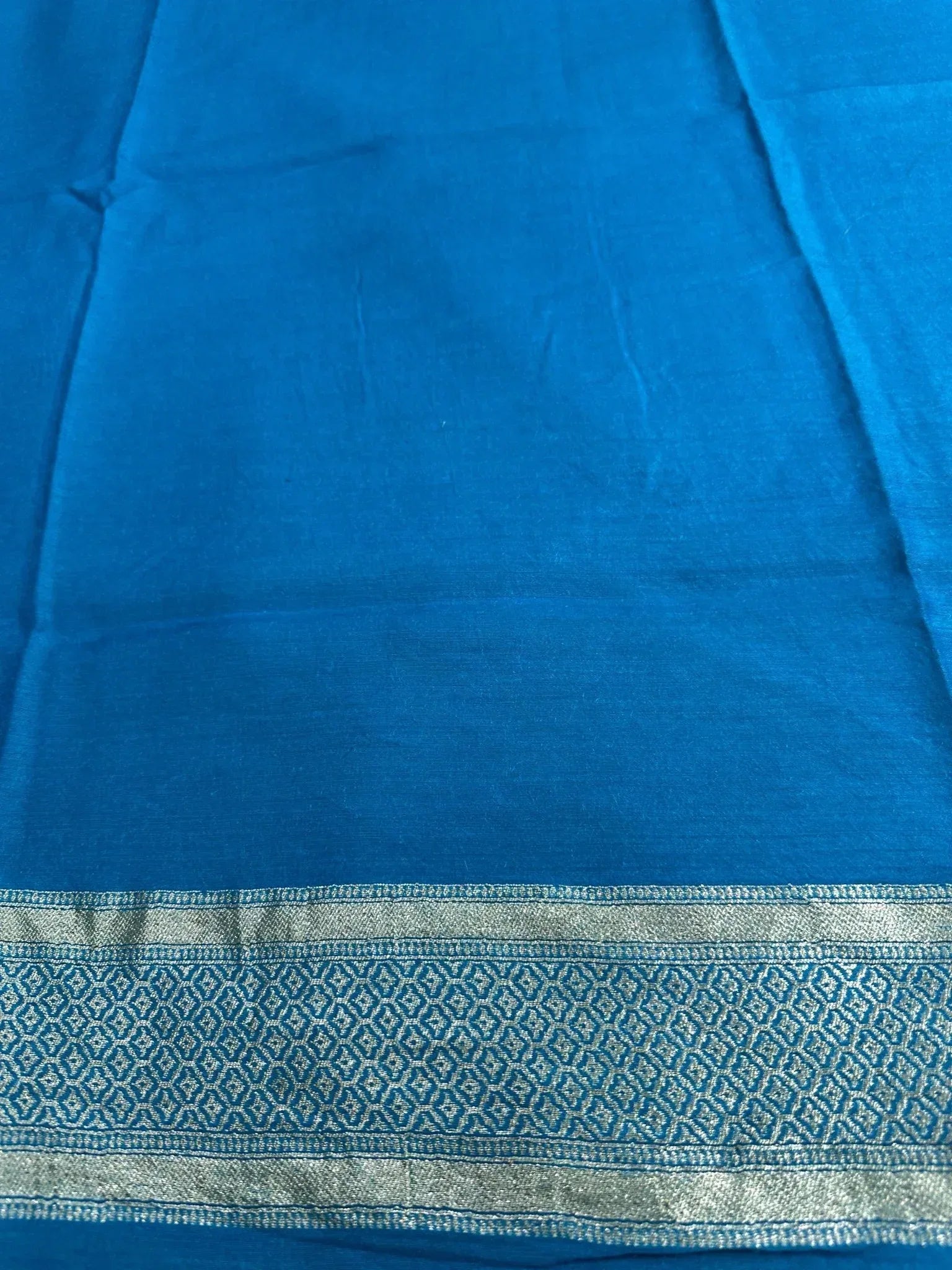 Turquoise Teal Blue Pure Moonga Silk Banarasi Saree - Uppada Handwoven Festive Wear - drape side view | Pure Moonga Silk Banarasi Saree