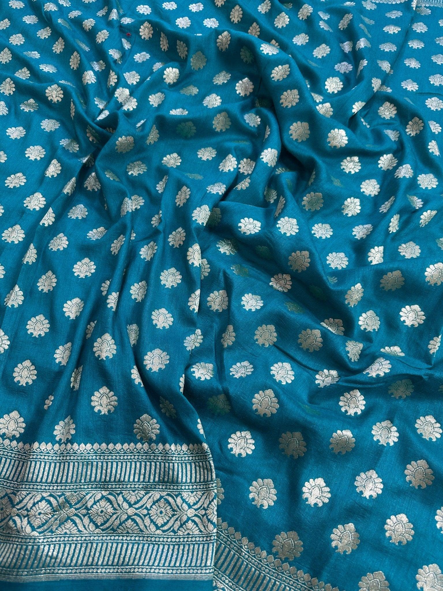 Turquoise Teal Blue Pure Moonga Silk Banarasi Saree - Uppada Handwoven Festive Wear - front view | Pure Moonga Silk Banarasi Saree