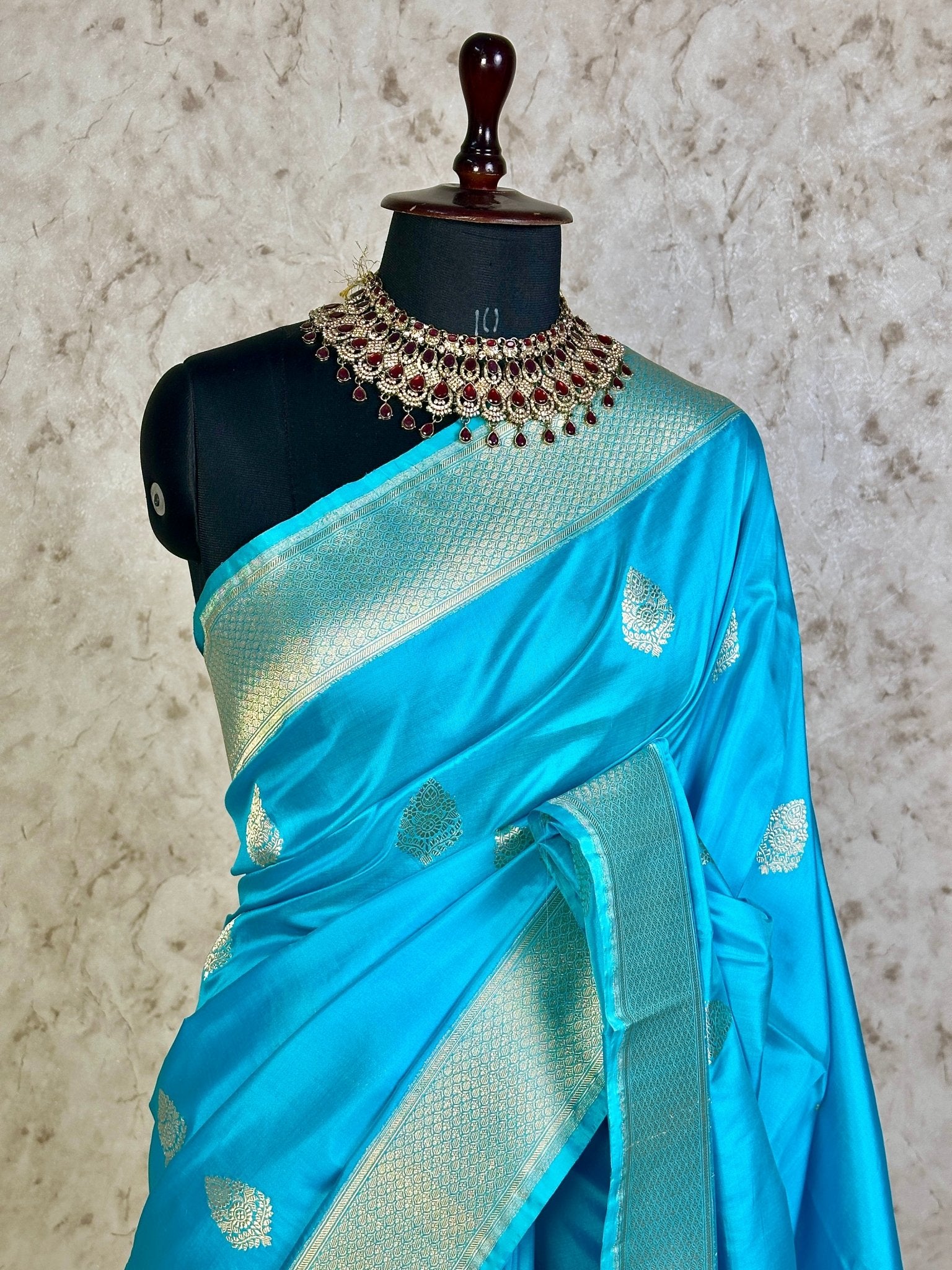 Water Blue Pure Katan Silk Banarasi Kadhwa Buta Handloom Ektara Weaved Saree with Zari Border - Katan Banaras