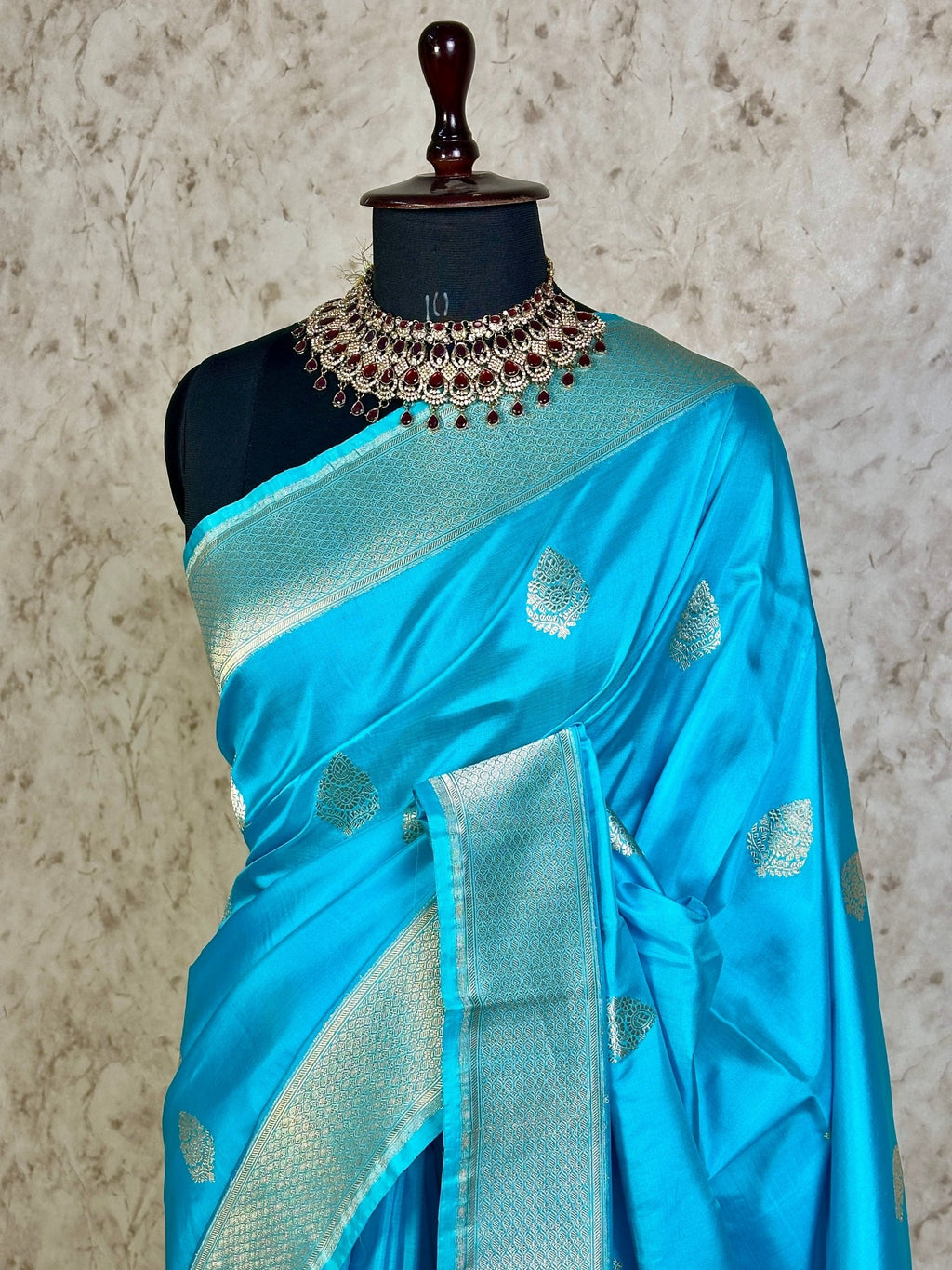 Water Blue Pure Katan Silk Banarasi Kadhwa Buta Handloom Ektara Weaved Saree with Zari Border - Katan Banaras
