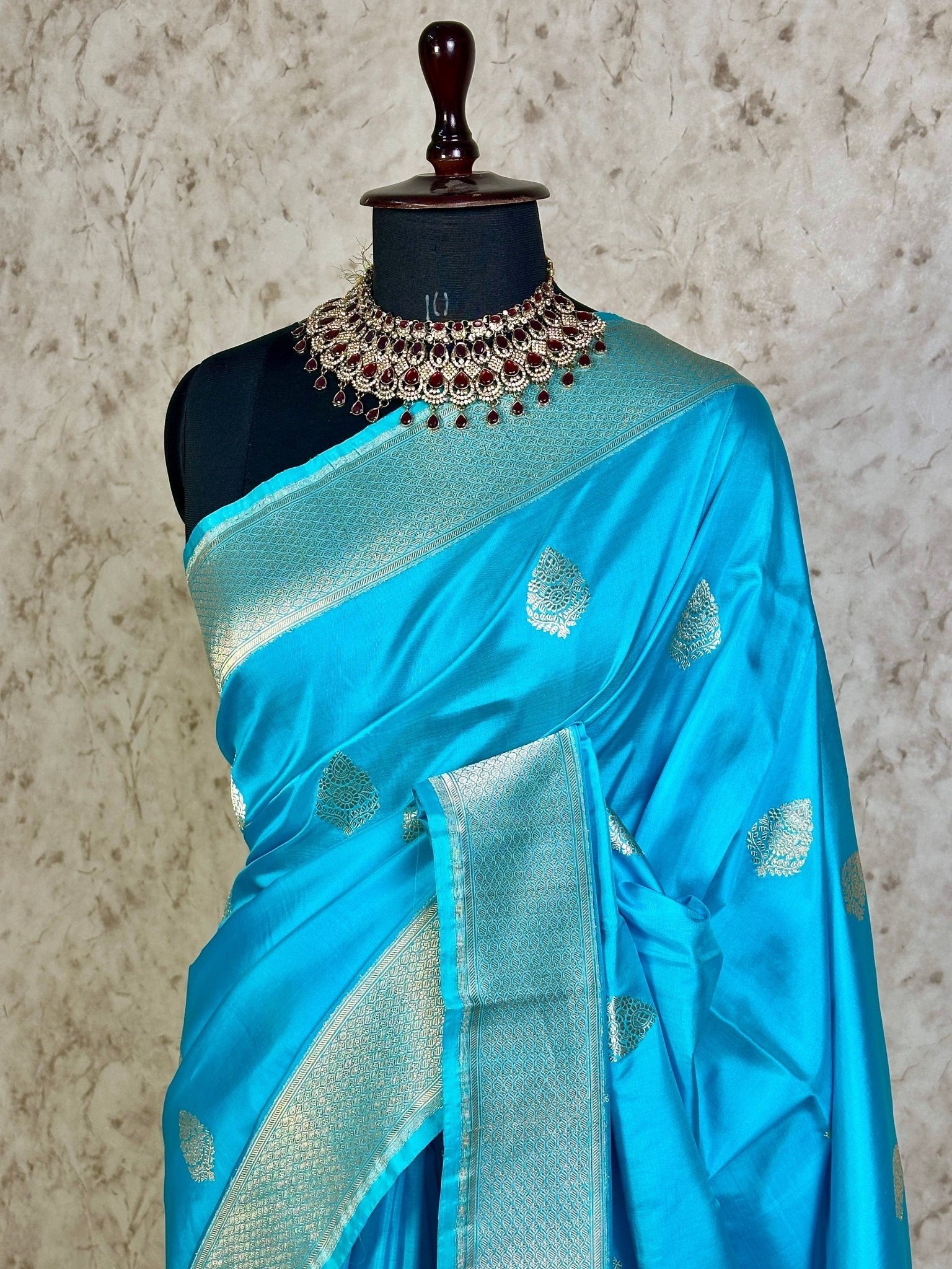 Water Blue Pure Katan Silk Banarasi Kadhwa Buta Handloom Ektara Weaved Saree with Zari Border - Katan Banaras