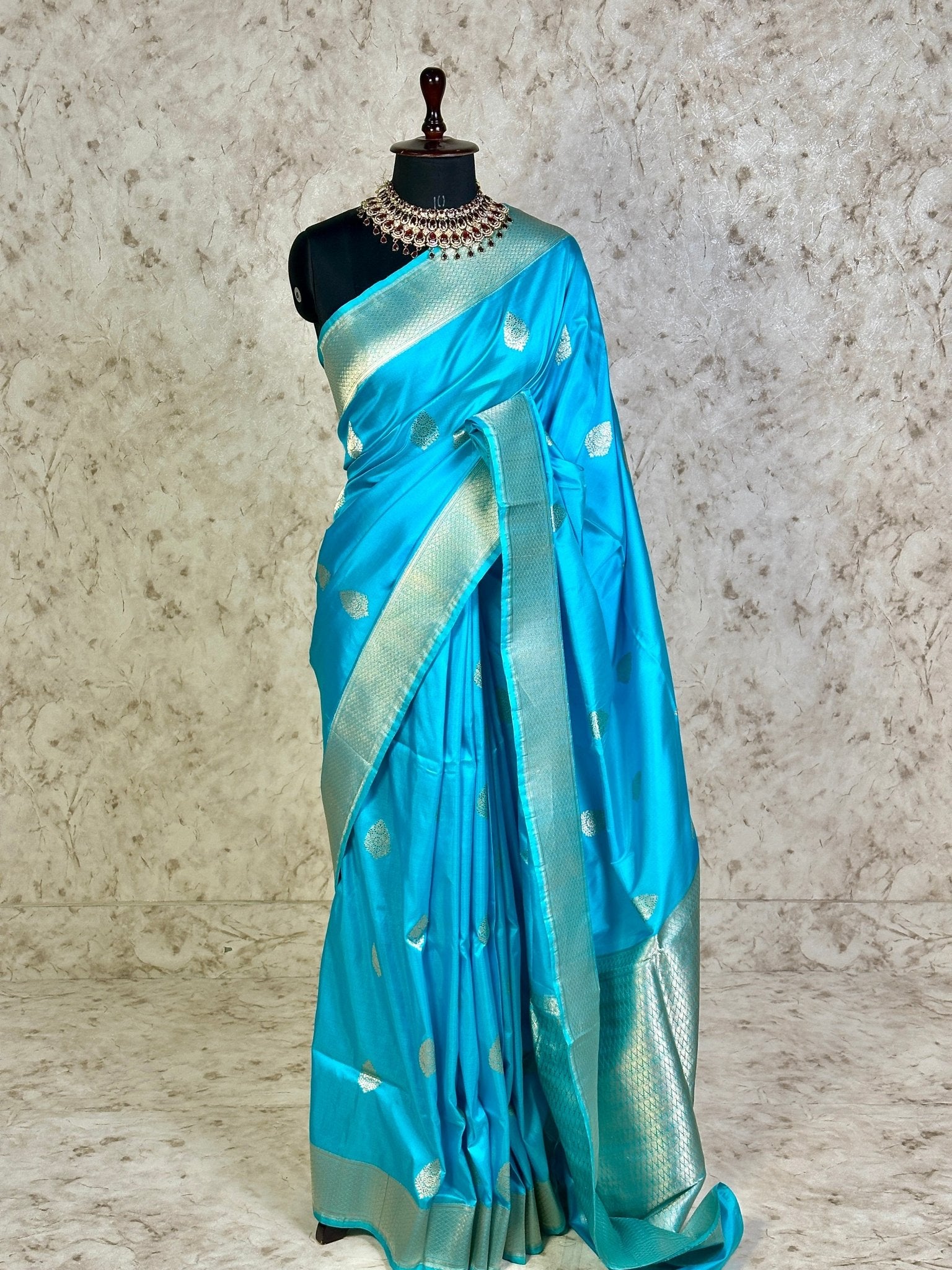 Water Blue Pure Katan Silk Banarasi Kadhwa Buta Handloom Ektara Weaved Saree with Zari Border - Katan Banaras