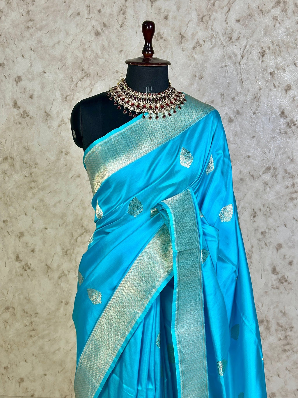 Water Blue Pure Katan Silk Banarasi Kadhwa Buta Handloom Ektara Weaved Saree with Zari Border - Katan Banaras