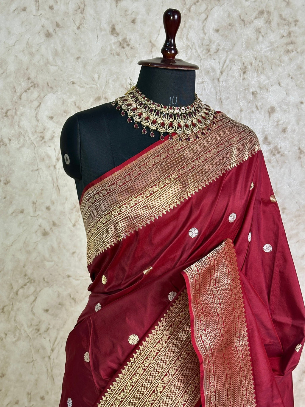 Wine Maroon Pure Katan Silk Banarasi Kadhwa Buta Handloom Ektara Weaved Saree with Zari Border - Katan Banaras
