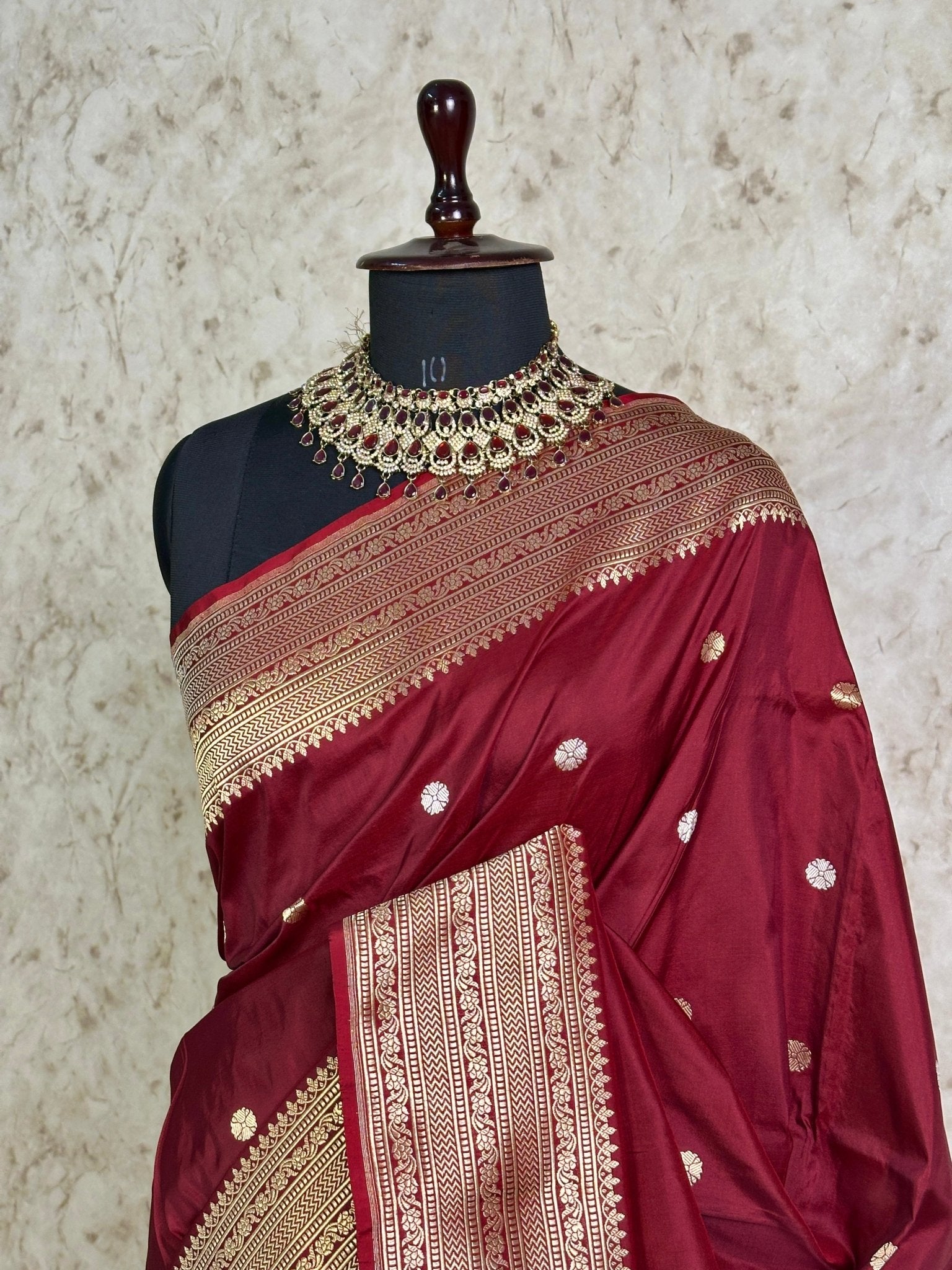Wine Maroon Pure Katan Silk Banarasi Kadhwa Buta Handloom Ektara Weaved Saree with Zari Border - Katan Banaras
